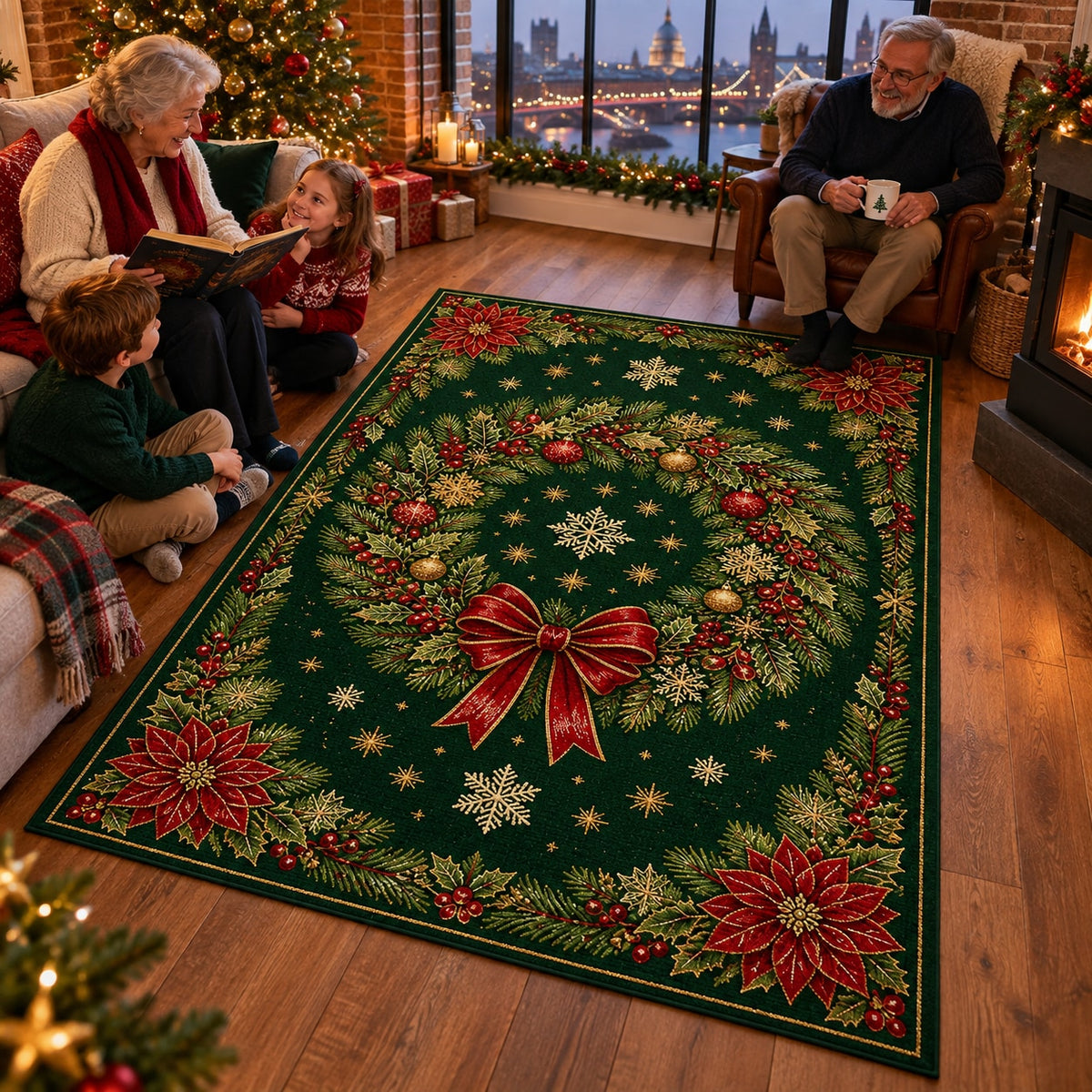 Green Wreath Washable Christmas Rug RW8031 styled in a festive living room – view 7