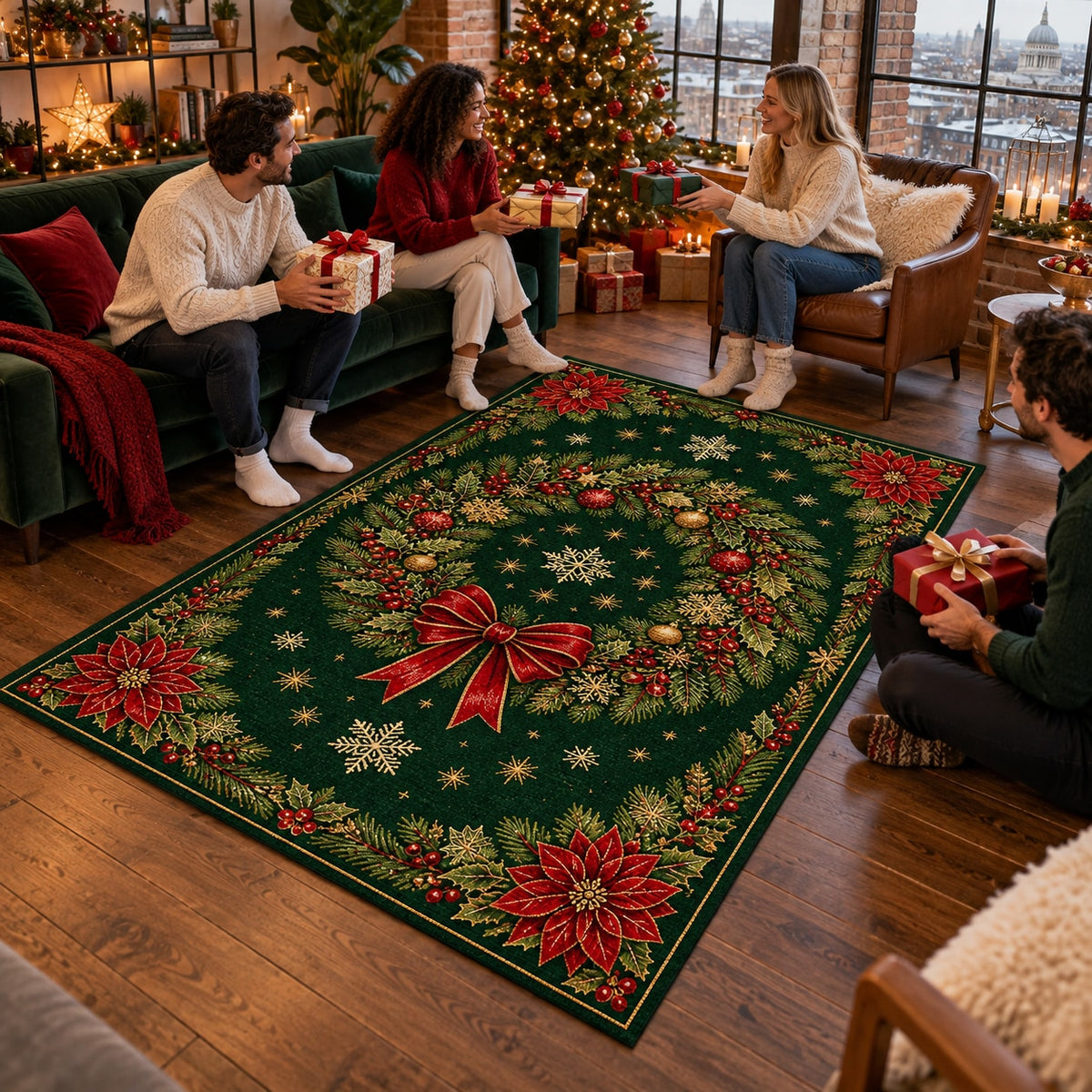 Green Wreath Washable Christmas Rug RW8031 styled in a festive living room – view 8