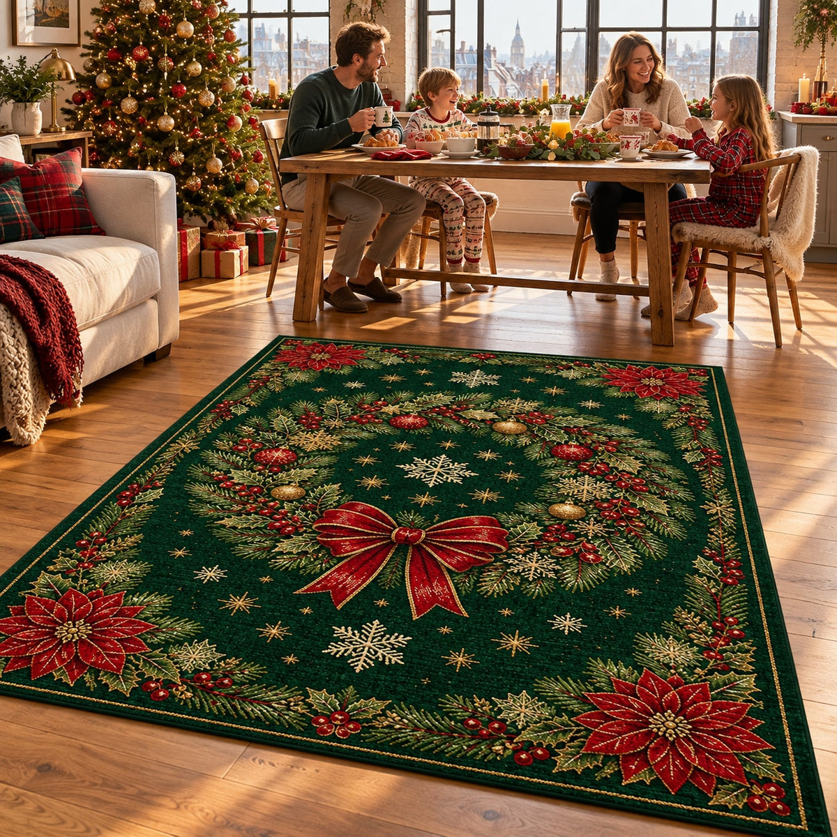 Green Wreath Washable Christmas Rug RW8031 styled in a festive living room – view 9