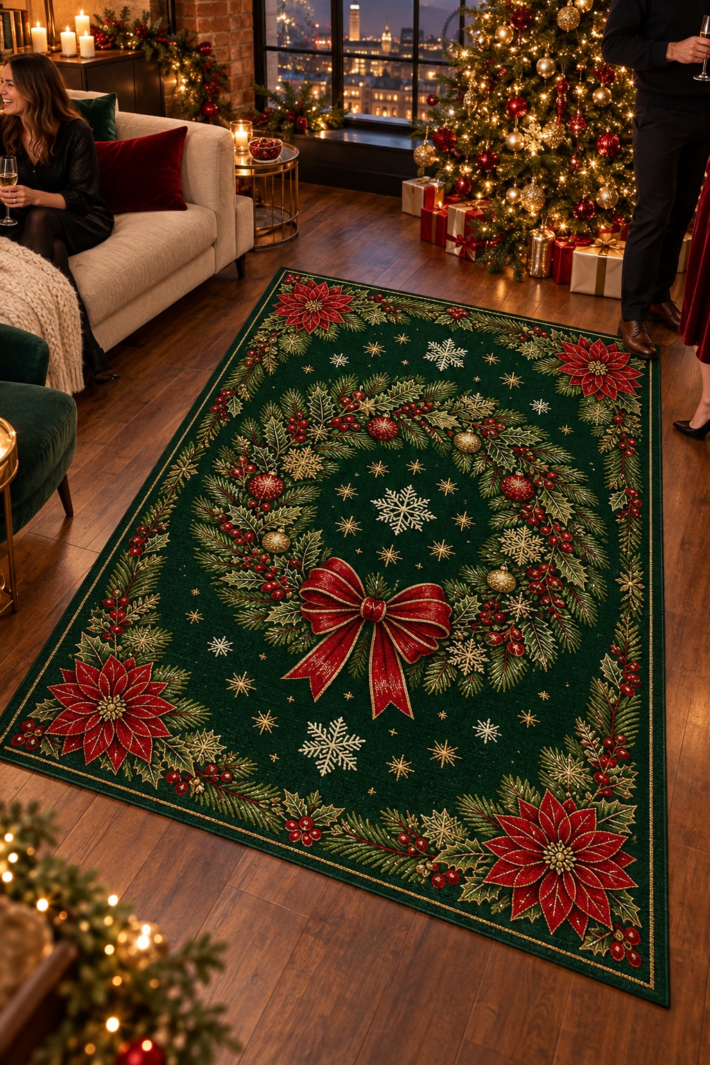 Green Wreath Washable Christmas Rug RW8031 styled in a festive living room – view 10