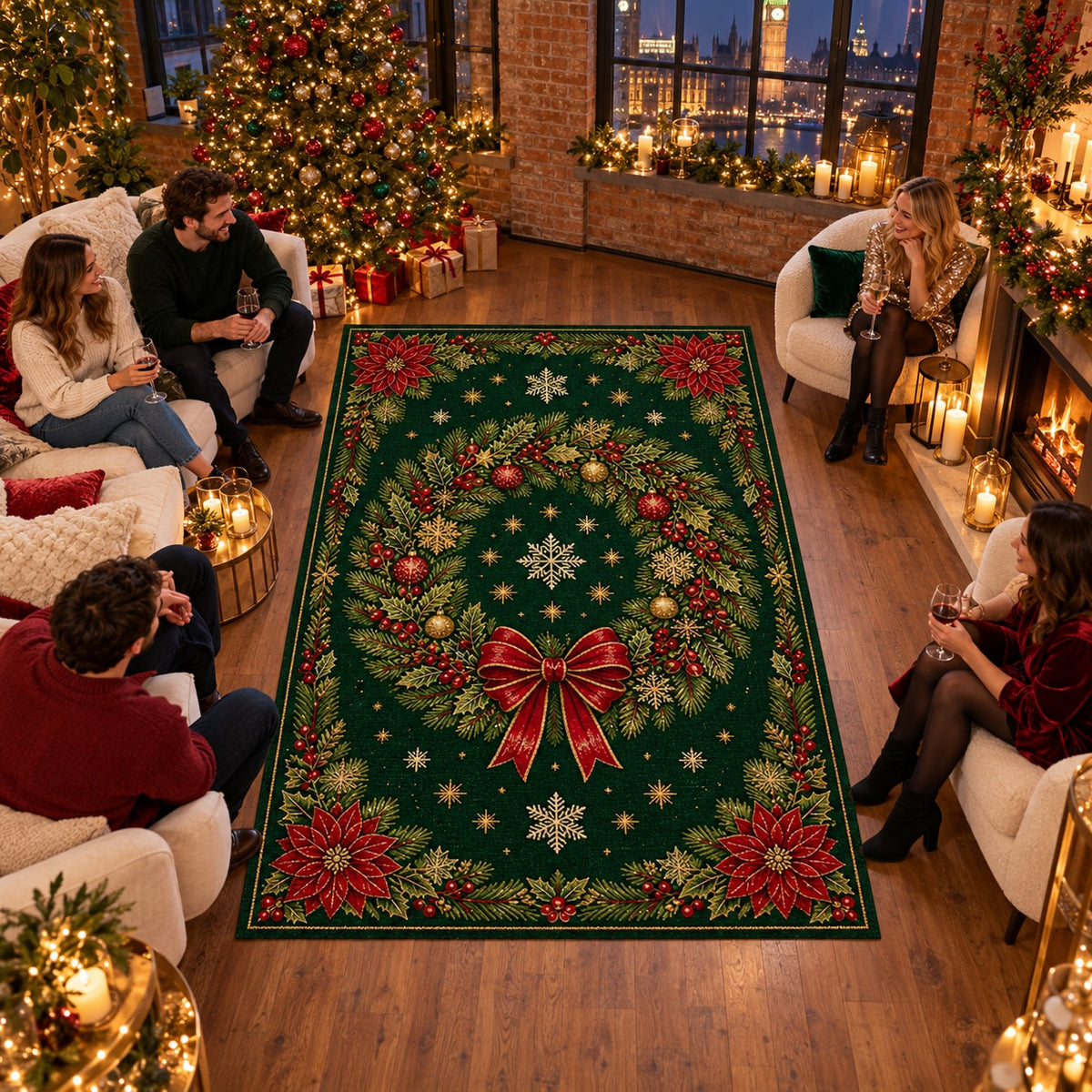 Green Wreath Washable Christmas Rug RW8031 styled in a festive living room – view 11