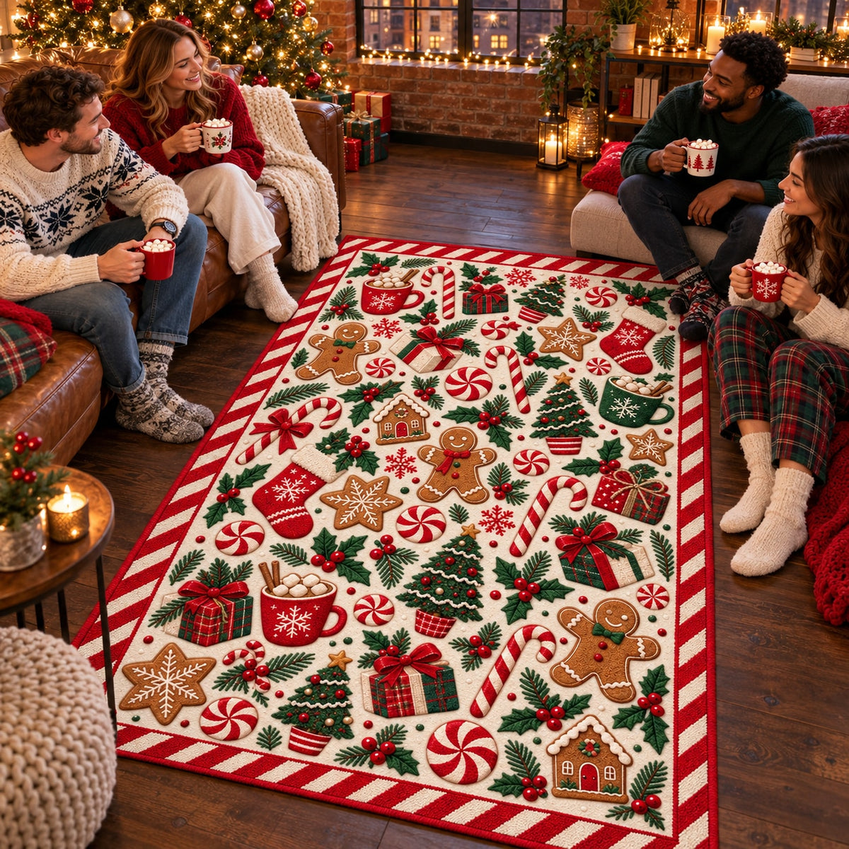 Candy & Gingerbread Washable Christmas Rug RW8032 styled in a festive living room – view 2