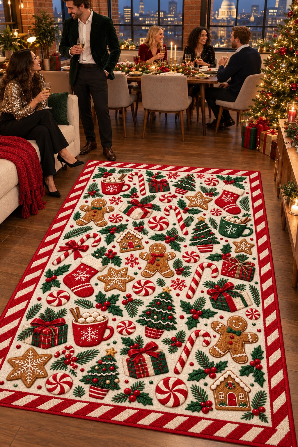 Candy & Gingerbread Washable Christmas Rug RW8032 styled in a festive living room – view 4