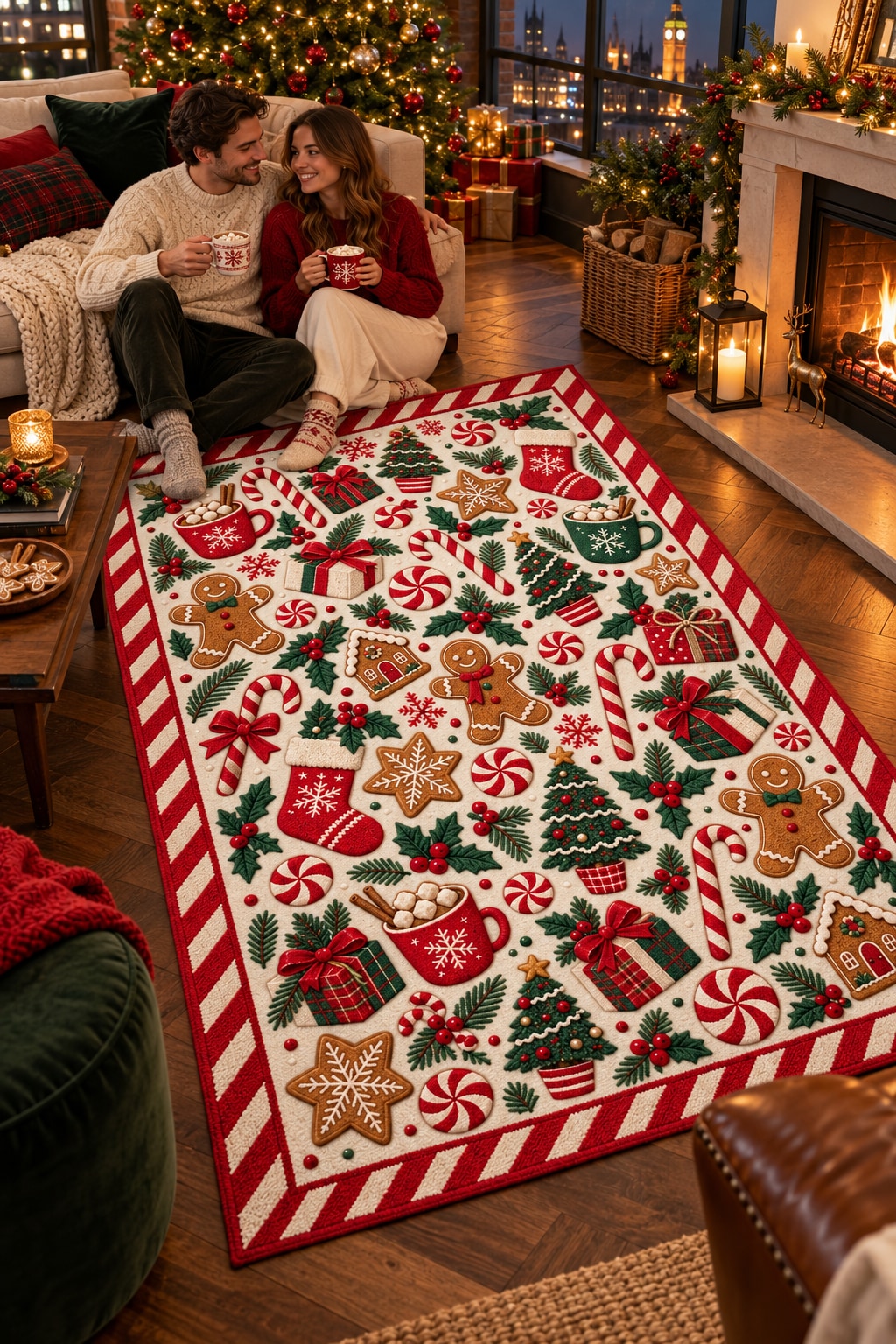 Candy & Gingerbread Washable Christmas Rug RW8032 styled in a festive living room – view 6