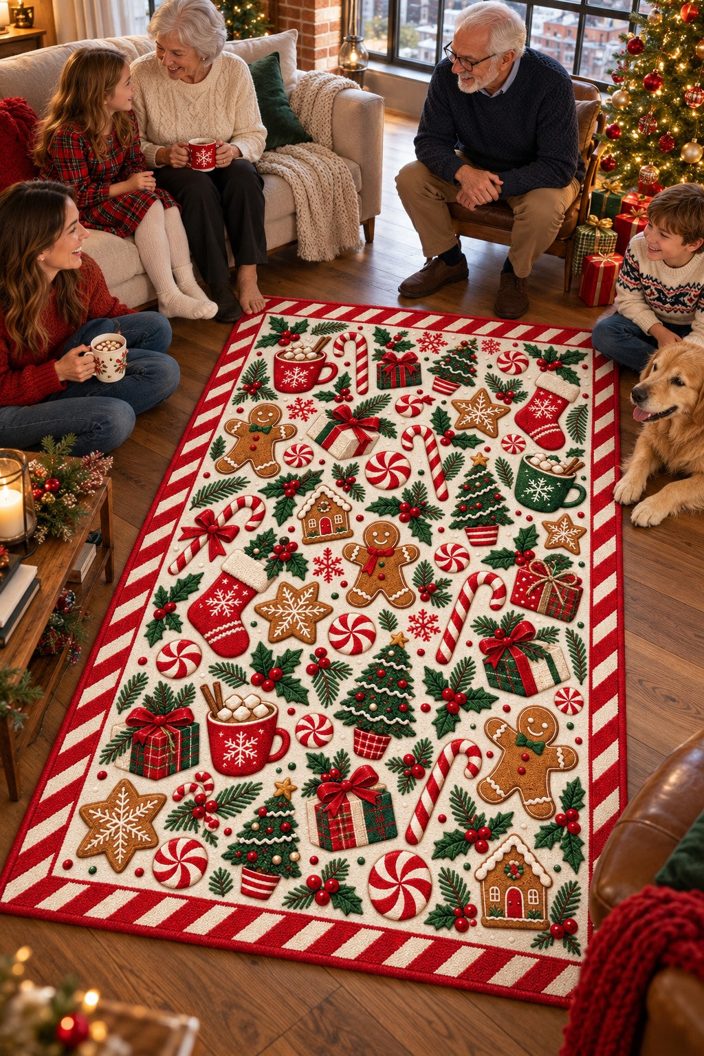 Candy & Gingerbread Washable Christmas Rug RW8032 styled in a festive living room – view 8