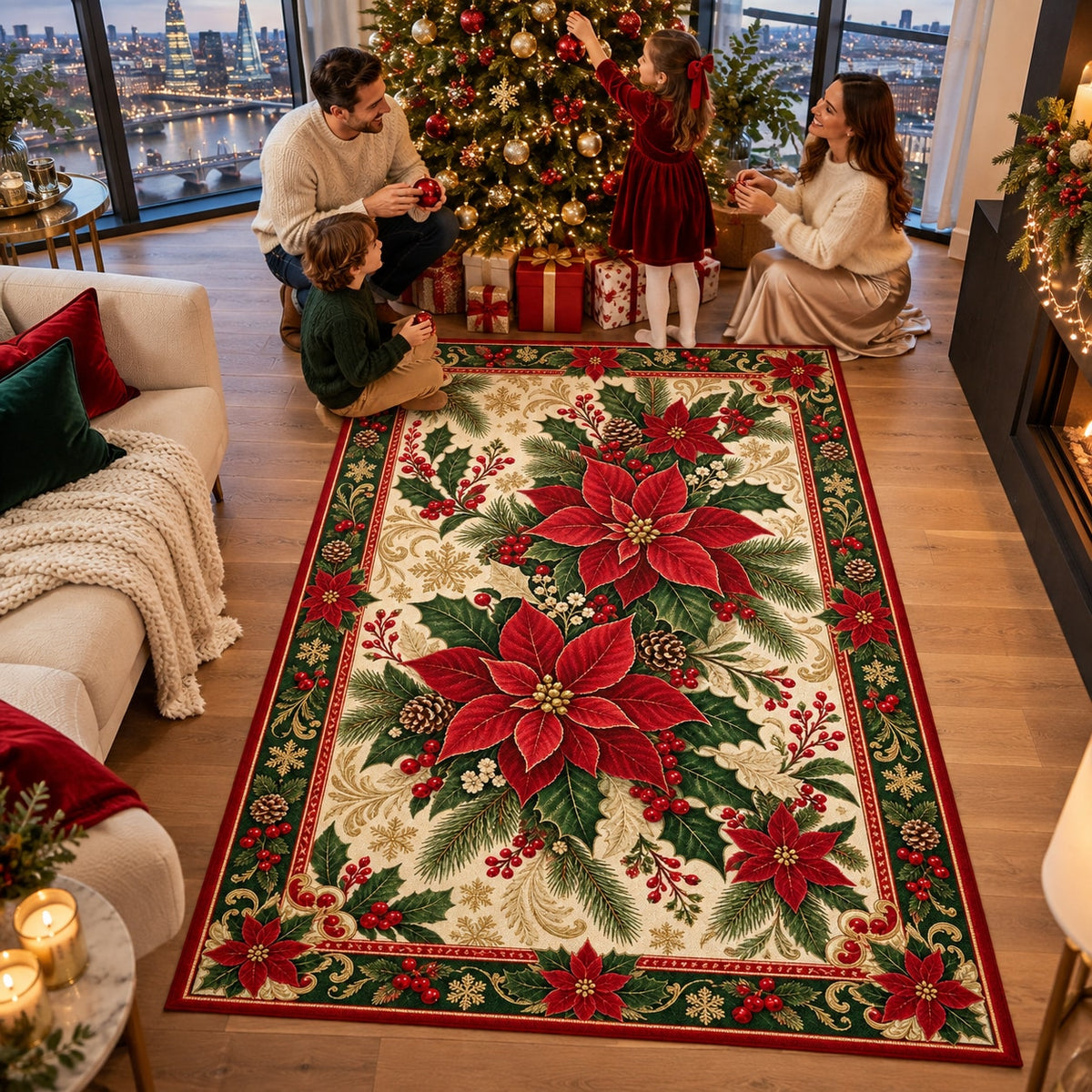 Poinsettia & Holly Washable Christmas Rug RW8033 styled in a festive living room – view 3