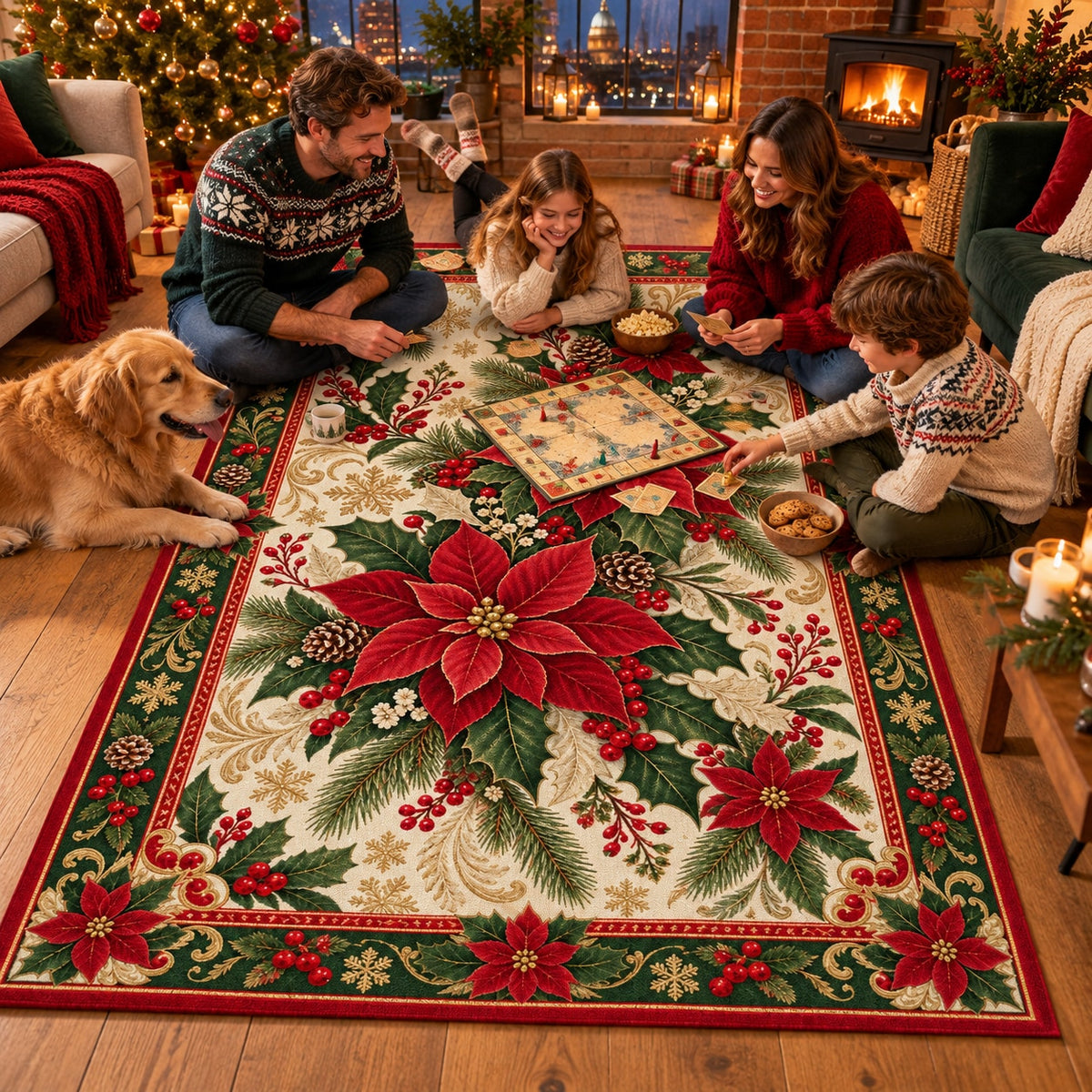 Poinsettia & Holly Washable Christmas Rug RW8033 styled in a festive living room – view 6