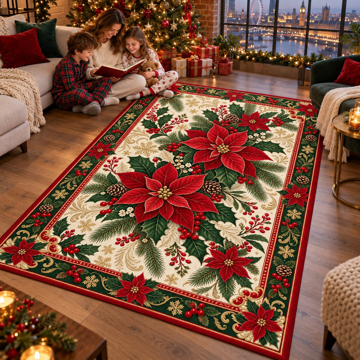 Poinsettia & Holly Washable Christmas Rug RW8033 styled in a festive living room – view 8