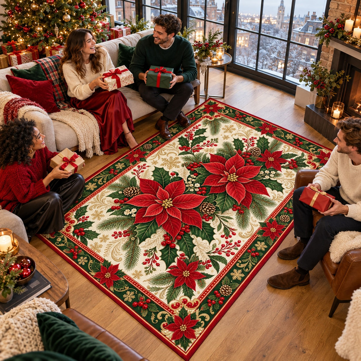 Poinsettia & Holly Washable Christmas Rug RW8033 styled in a festive living room – view 9