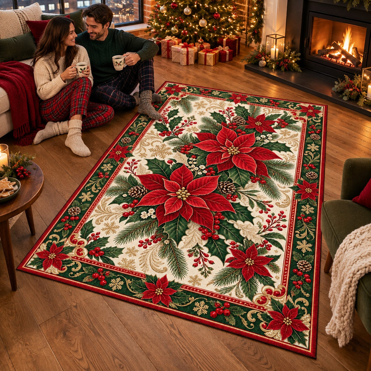 Poinsettia & Holly Washable Christmas Rug RW8033 styled in a festive living room – view 10