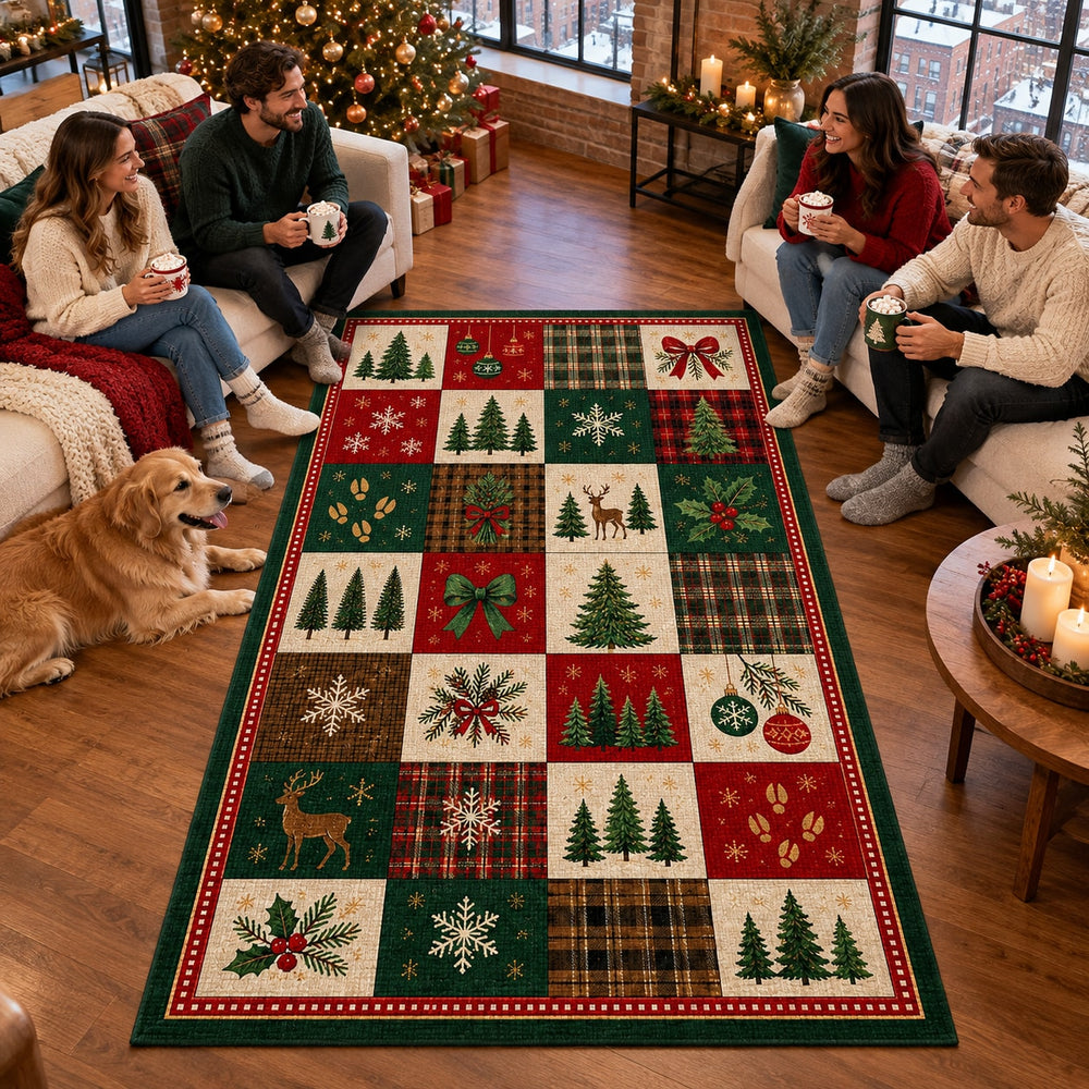 Christmas Tree Farm Checker Washable Rug RW8034 styled in a festive living room – view 2