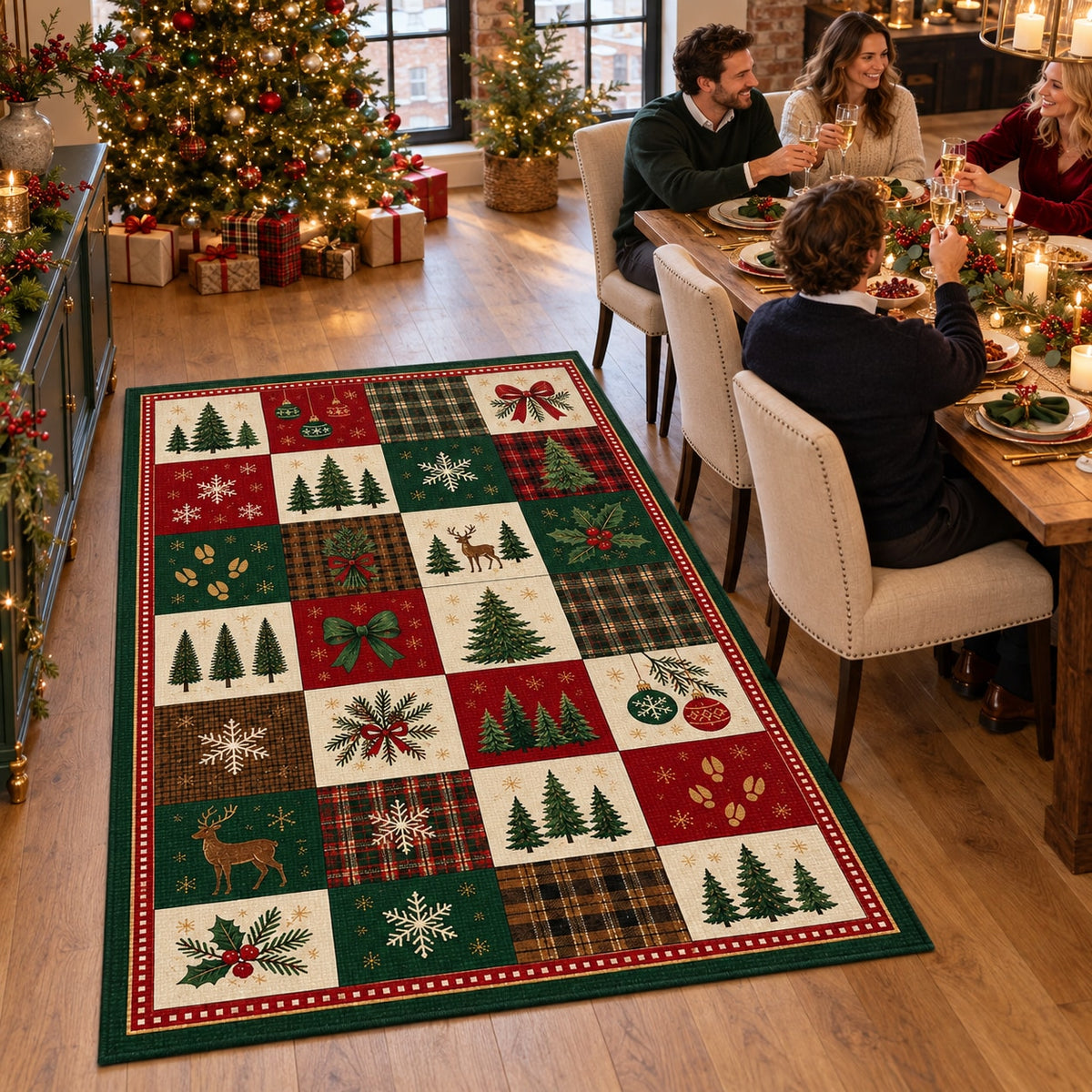 Christmas Tree Farm Checker Washable Rug RW8034 styled in a festive living room – view 5