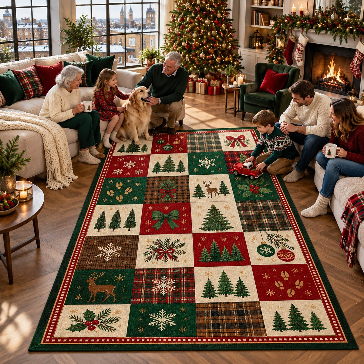 Christmas Tree Farm Checker Washable Rug RW8034 styled in a festive living room – view 6