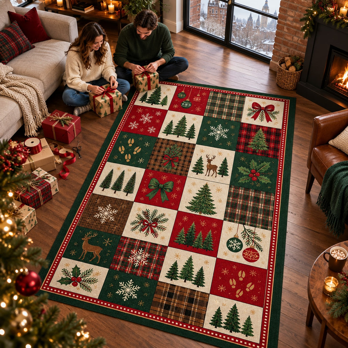 Christmas Tree Farm Checker Washable Rug RW8034 styled in a festive living room – view 7