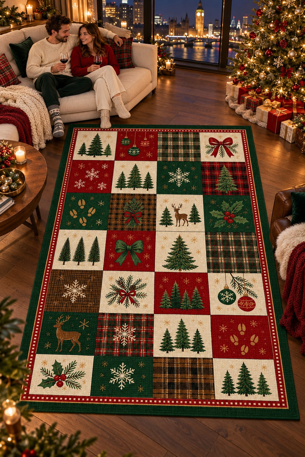 Christmas Tree Farm Checker Washable Rug RW8034 styled in a festive living room – view 10