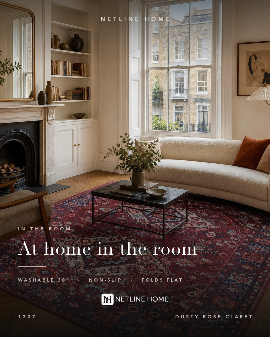 Curated Floral Deep Red Vintage Washable Rug — Bedroom lifestyle (RW1307)
