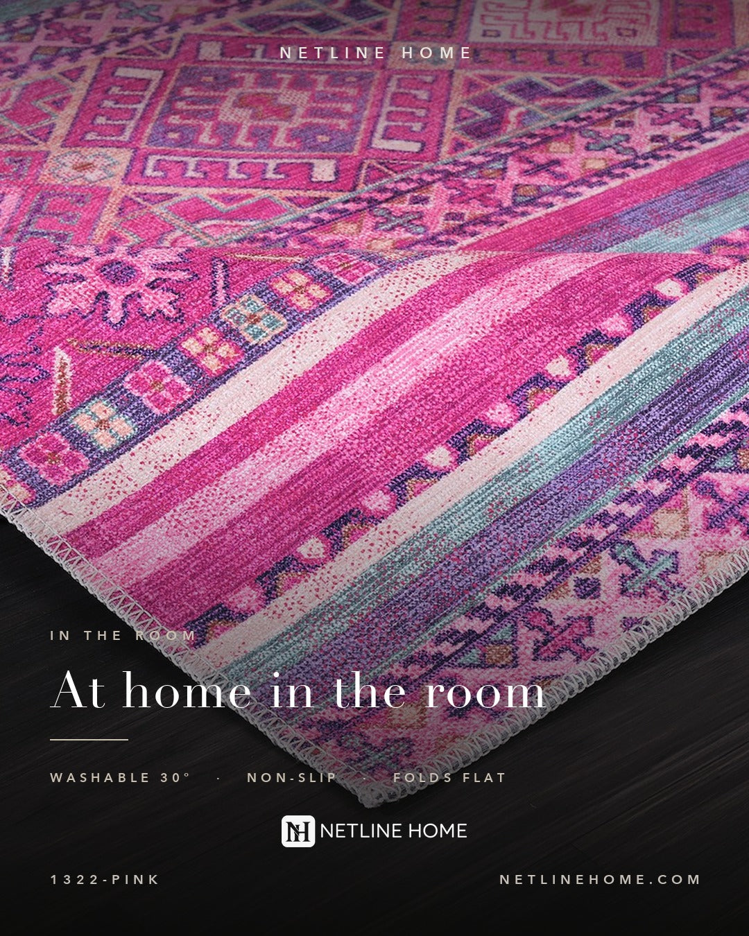 Bohemian Pink Striped Washable Rug Design 1322P — Bedroom lifestyle (RW1322-PINK)