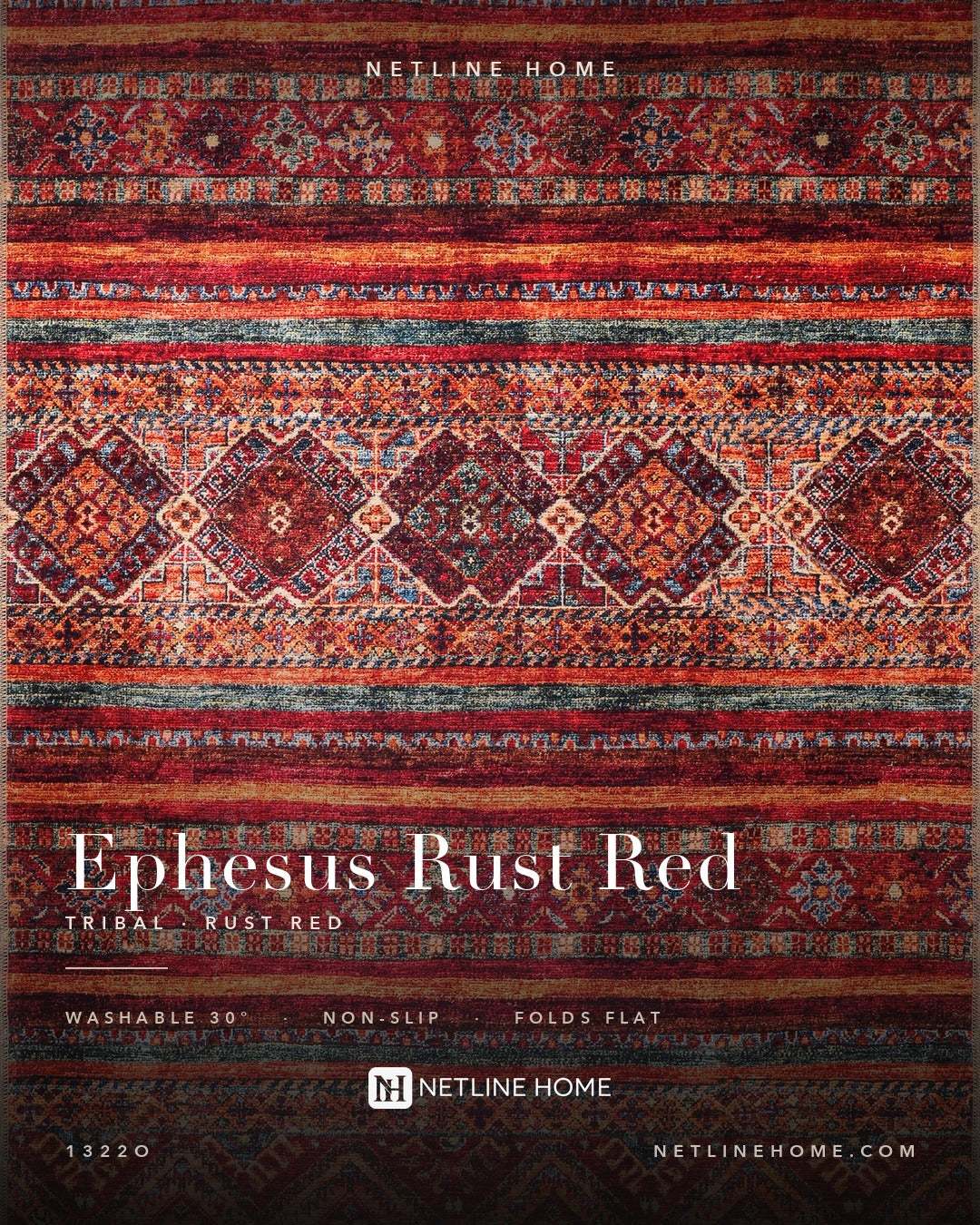Woven Heritage Burnt Red Washable Rug — Design overview (RW1322O)