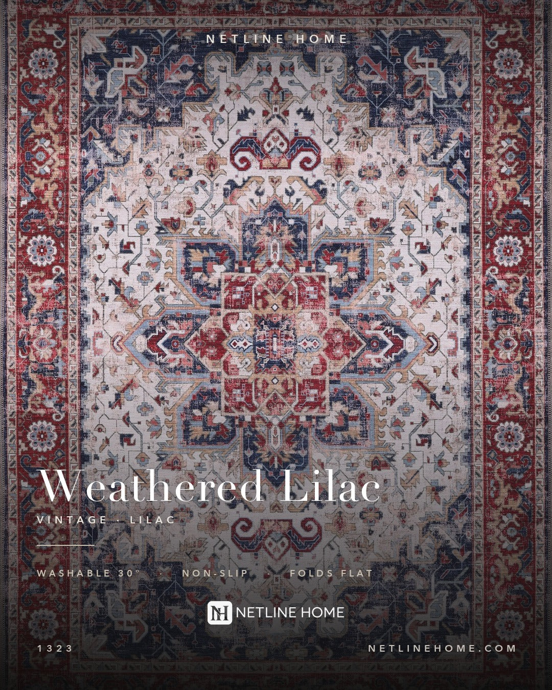 Graceful Patina Soft Purple Vintage Washable Rug — Design overview (RW1323)