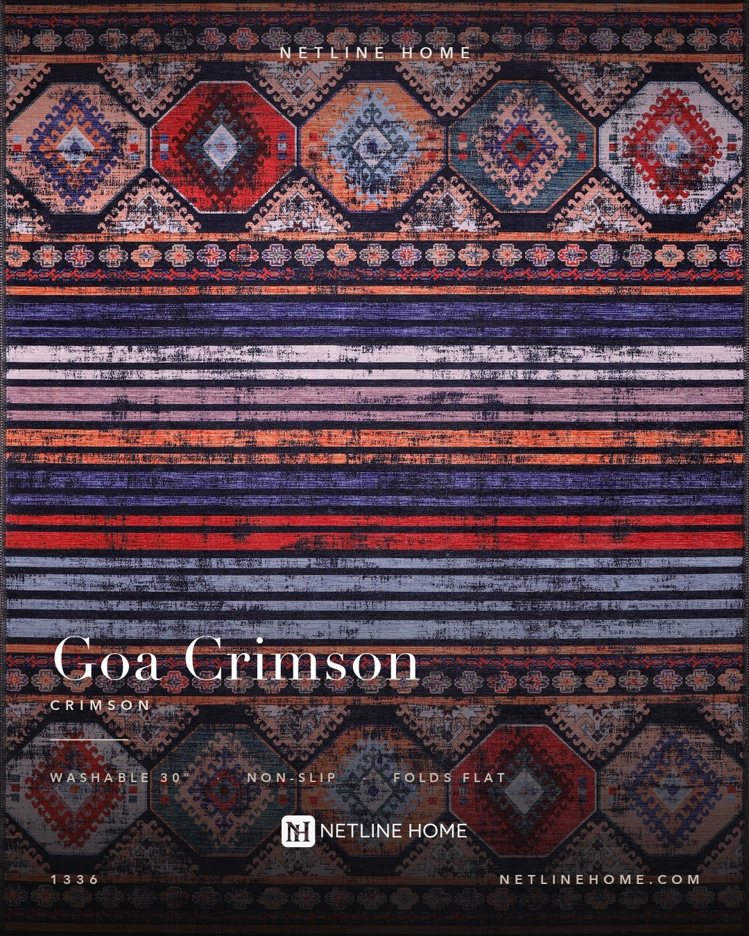Artisan Mosaic Crimson Red Bohemian Washable Rug — Design overview (RW1336)