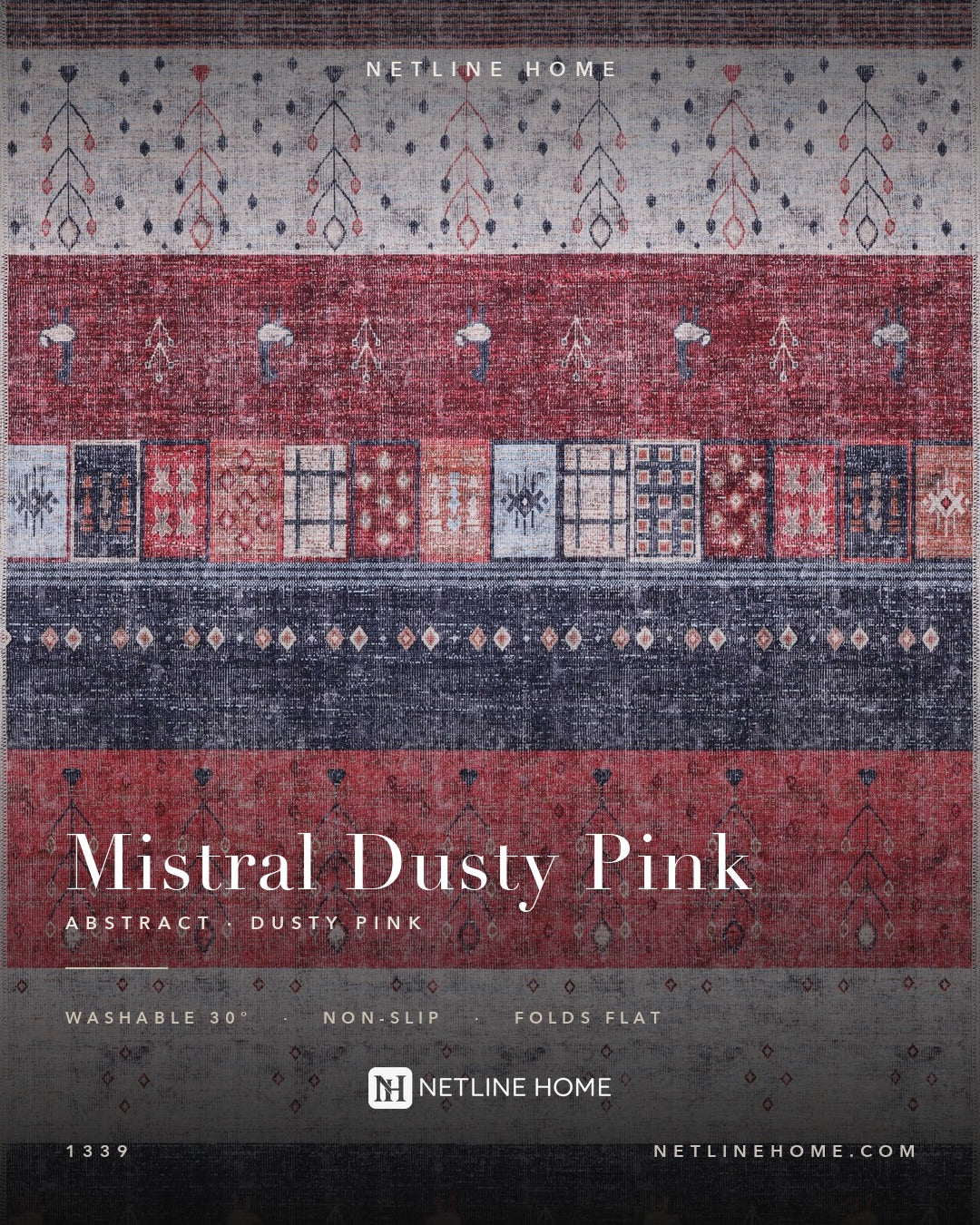 Grand Floral Muted Pink Abstract Washable Rug — Design overview (RW1339)
