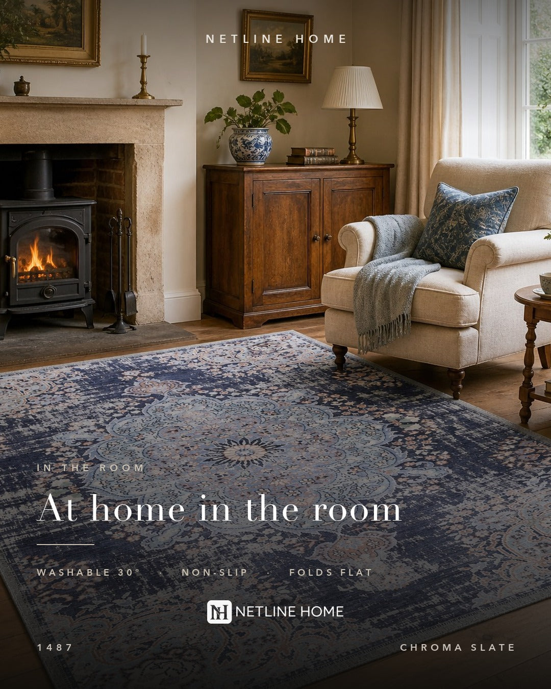 Muted Watercolour Slate Grey Abstract Washable Rug — Room lifestyle (RW1487)