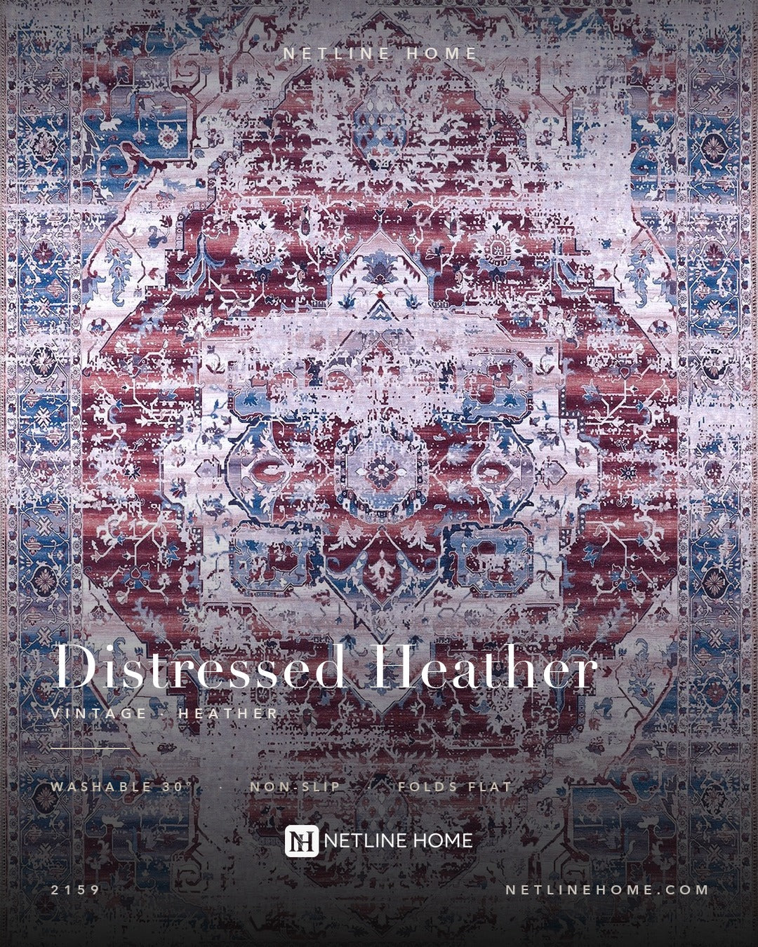 Graphic Patina Mauve Grey Vintage Washable Rug — Design overview (RW2159)