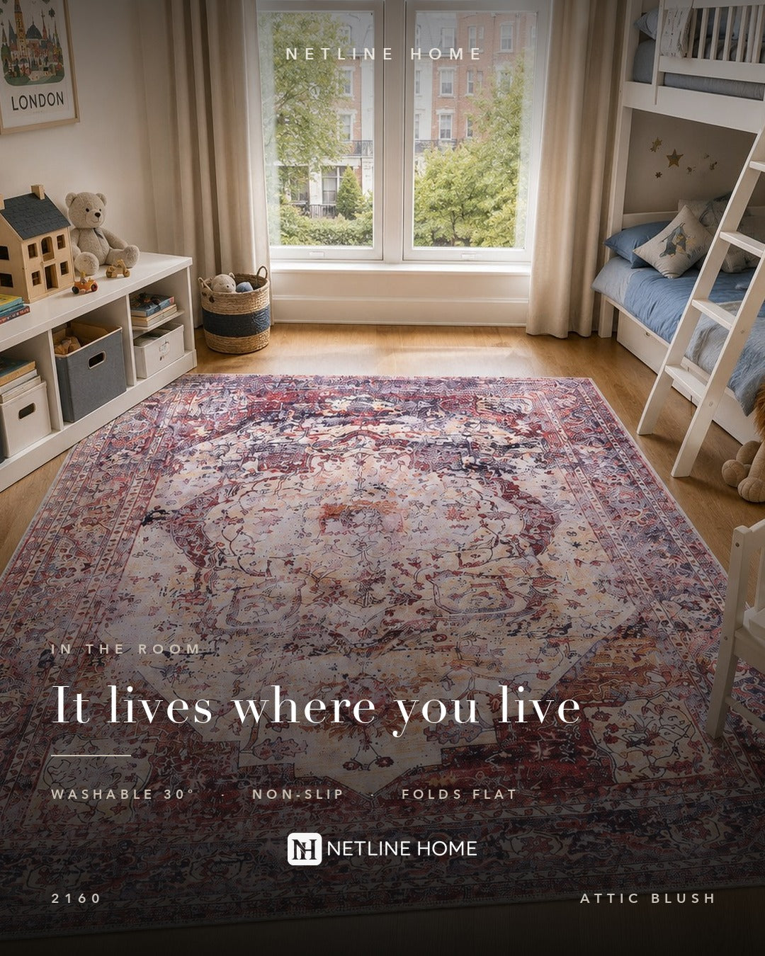 Linked Patina Soft Pink Vintage Washable Rug — Room lifestyle (RW2160)