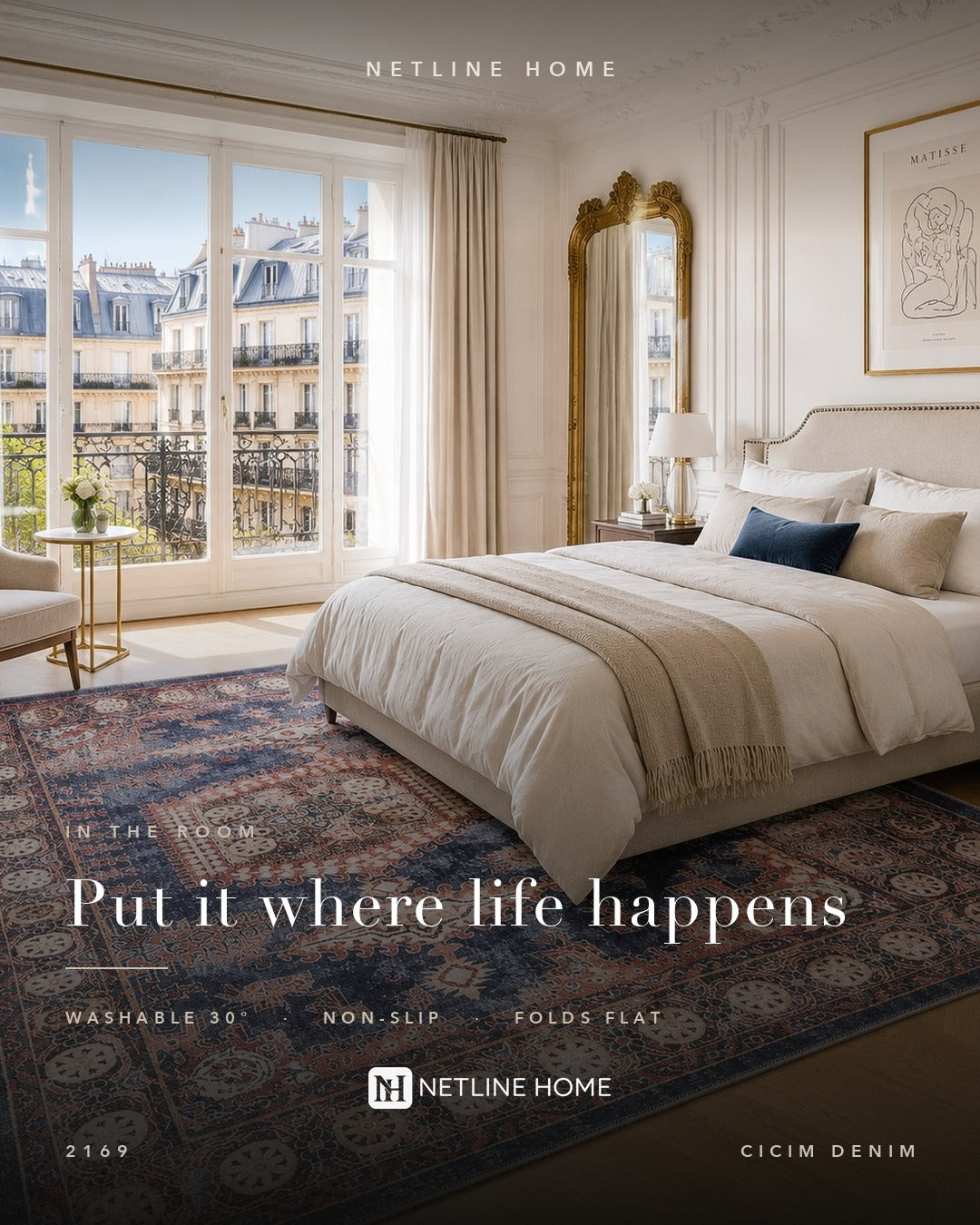 Evening Heritage Mid Blue Washable Rug — Bedroom lifestyle (RW2169)