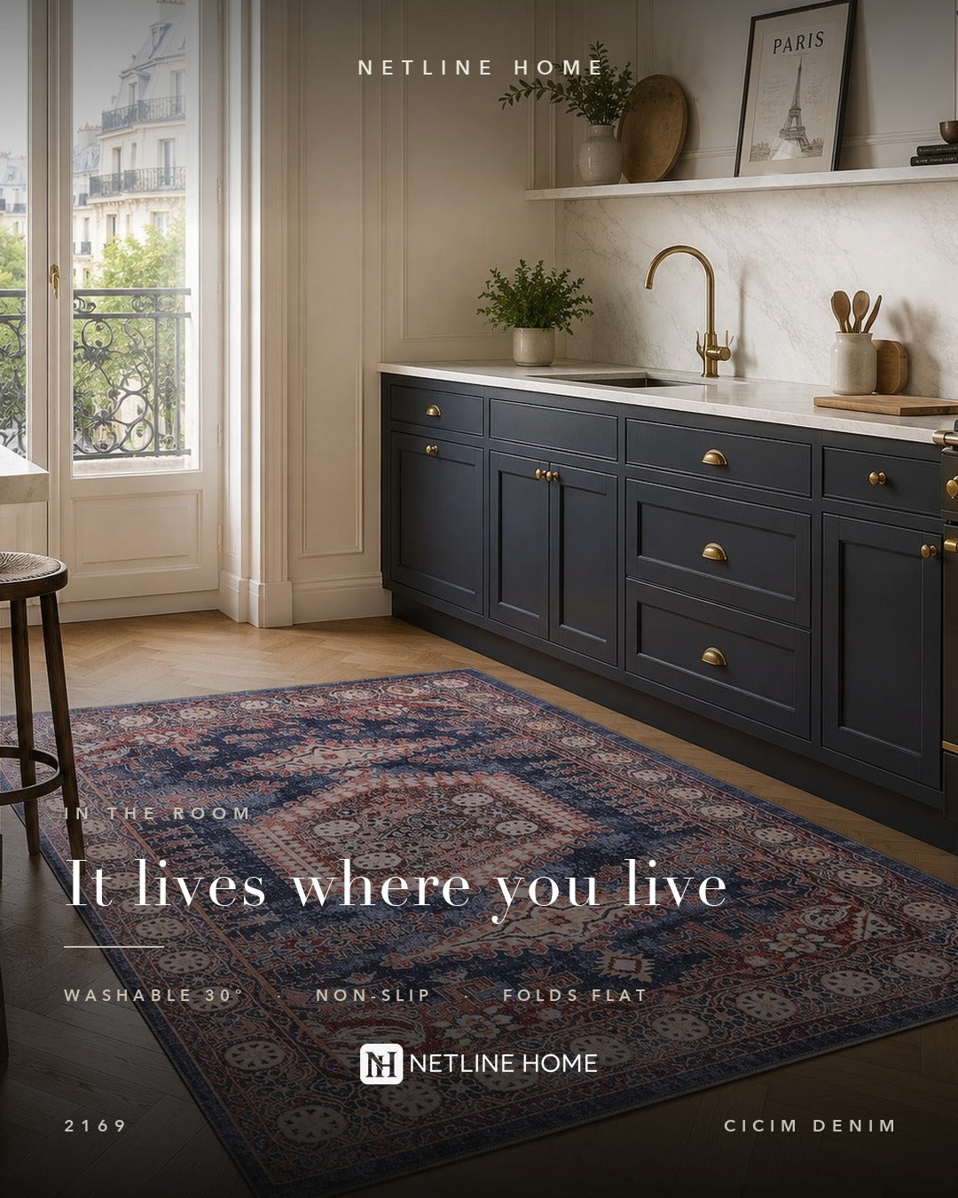 Evening Heritage Mid Blue Washable Rug — Room lifestyle (RW2169)