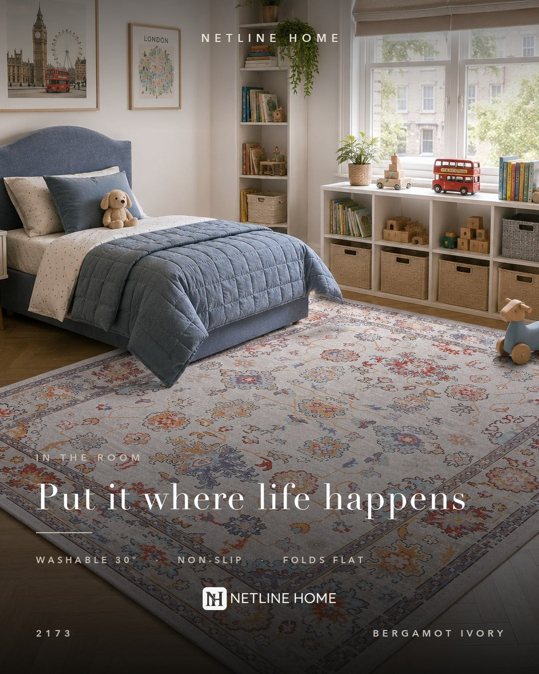 Century Floral Off White Washable Rug — Room lifestyle (RW2173)