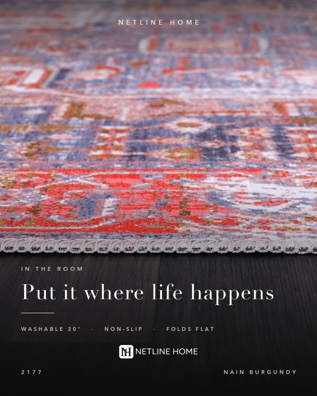 Studio Linework Burgundy Traditional Washable Rug — Bedroom lifestyle (RW2177)