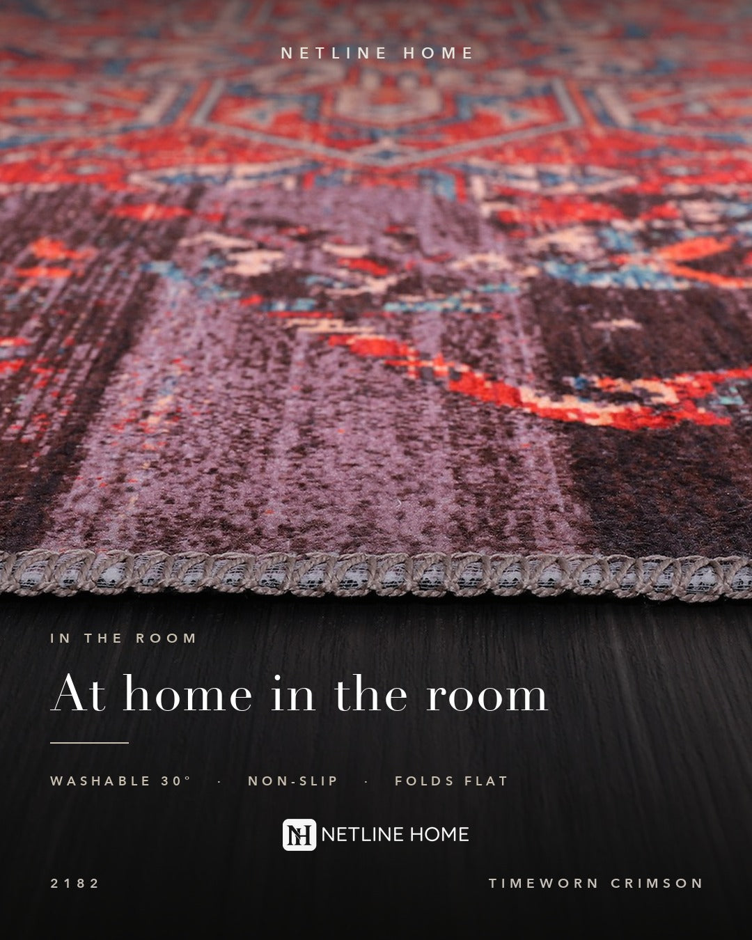 Century Patina Crimson Red Vintage Washable Rug — Bedroom lifestyle (RW2182)