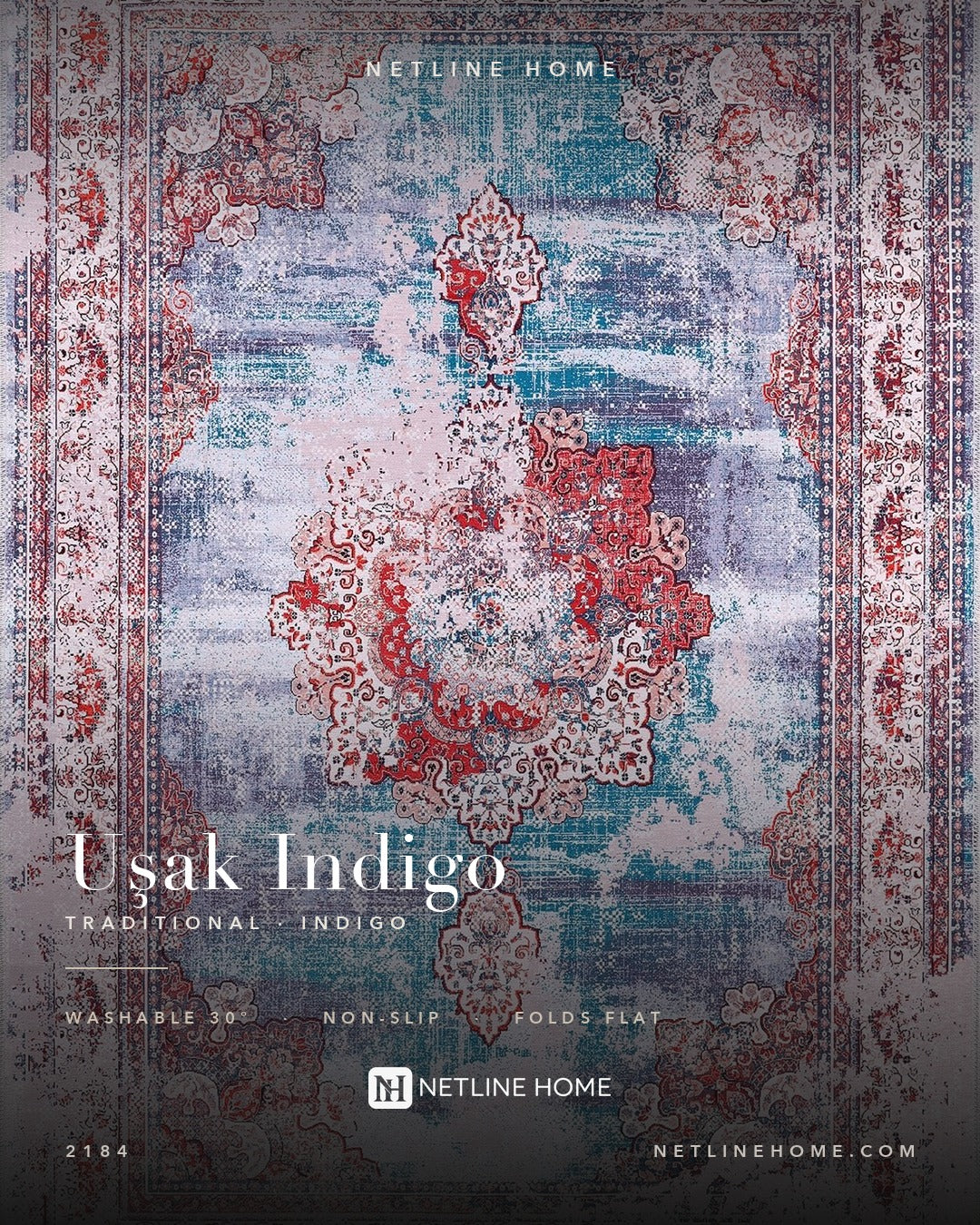 Painted Medallion Indigo Blue Traditional Washable Rug — Design overview (RW2184)