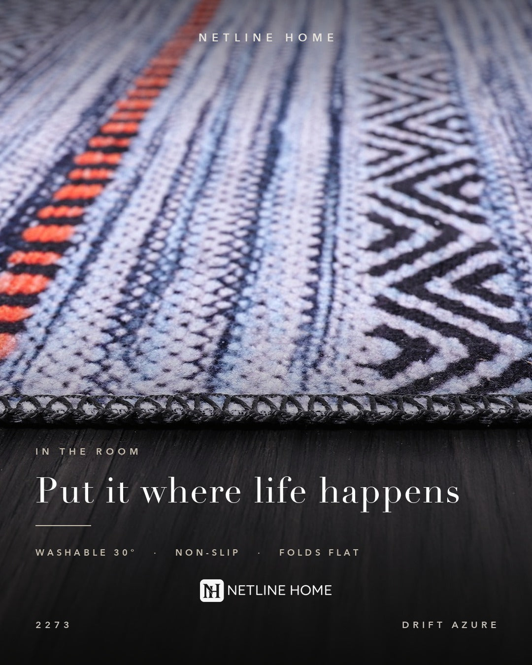 Crossed Watercolour Bright Blue Abstract Washable Rug — Bedroom lifestyle (RW2273)