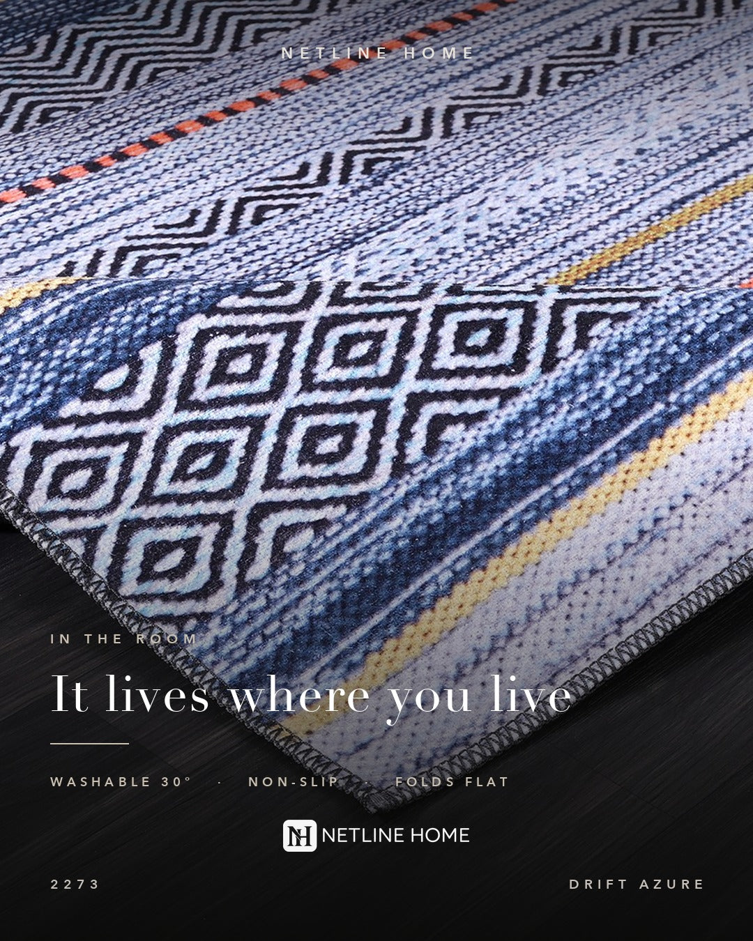 Crossed Watercolour Bright Blue Abstract Washable Rug — Room lifestyle (RW2273)