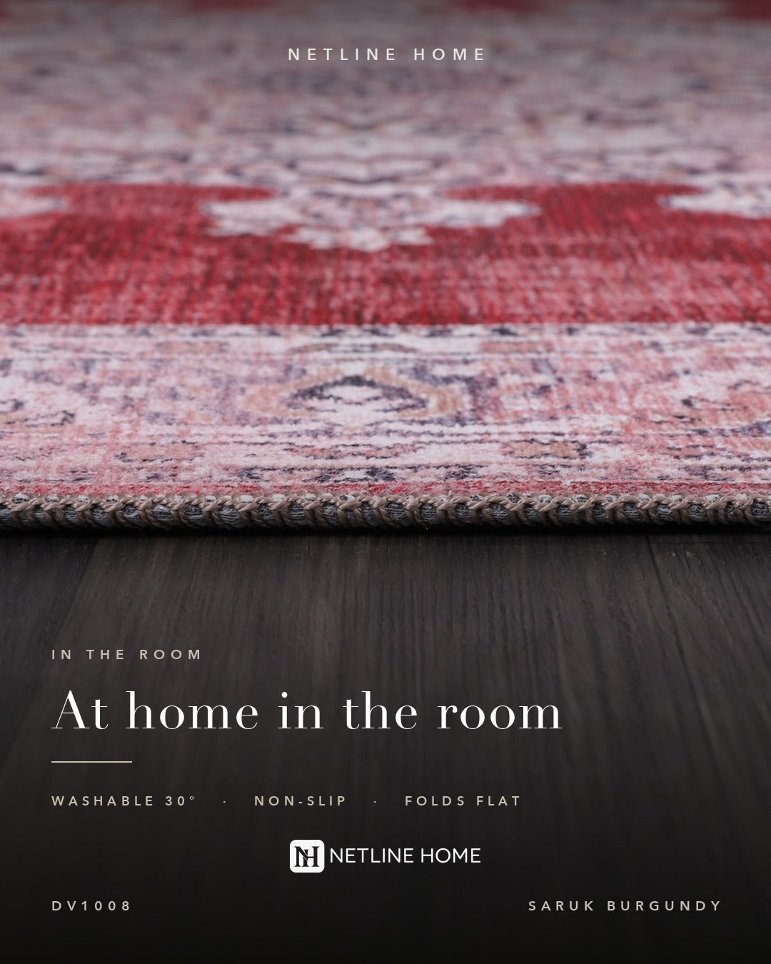 Crown Floral Burgundy Traditional Washable Rug — Room lifestyle (RWDV1008)