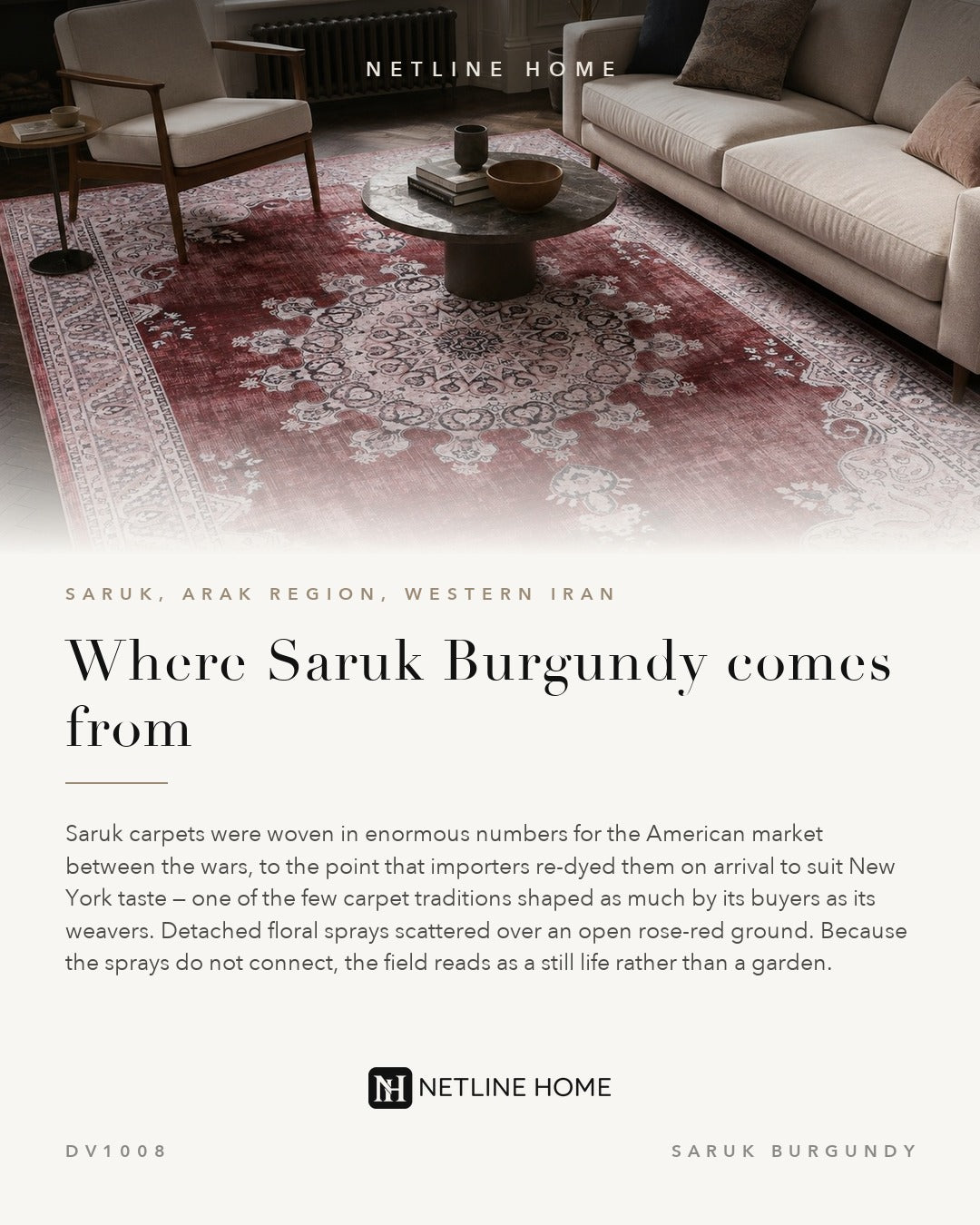 Crown Floral Burgundy Traditional Washable Rug — Design story (RWDV1008)