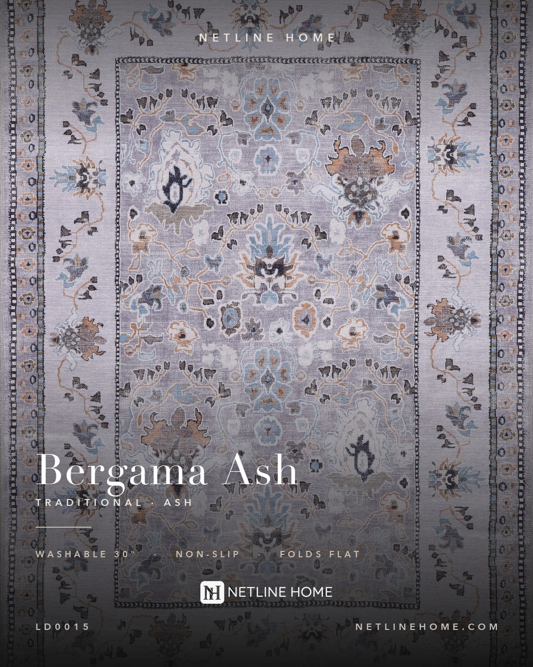 Refined Medallion Soft Grey Traditional Washable Rug — Design overview (RWLD0015)