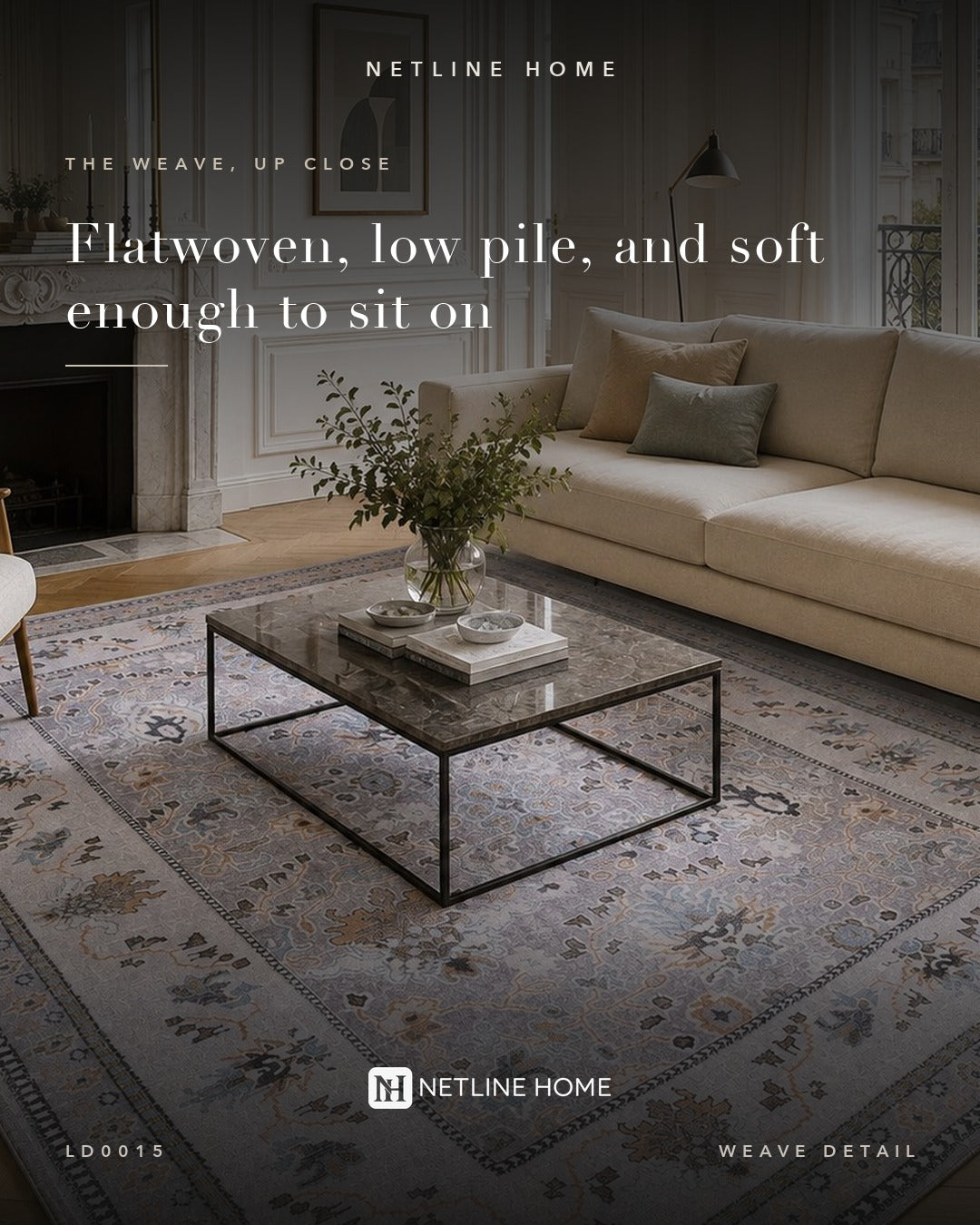 Refined Medallion Soft Grey Traditional Washable Rug — Weave detail (RWLD0015)