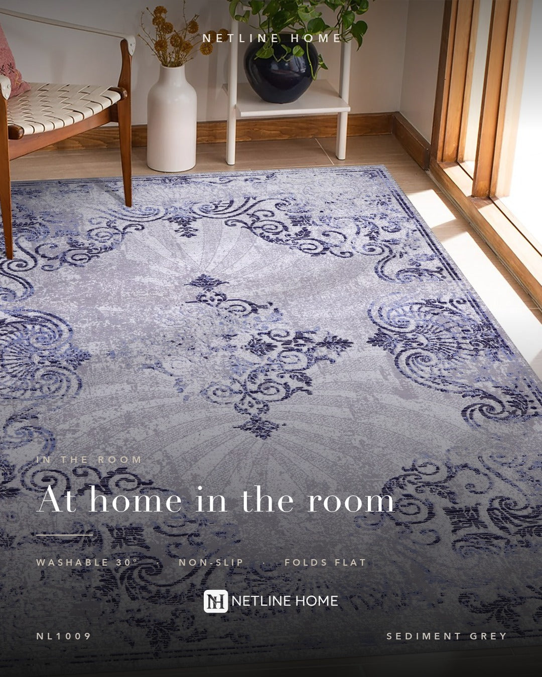 Symmetric Stripes Grey Abstract Washable Rug — Room lifestyle (RWNL1009)