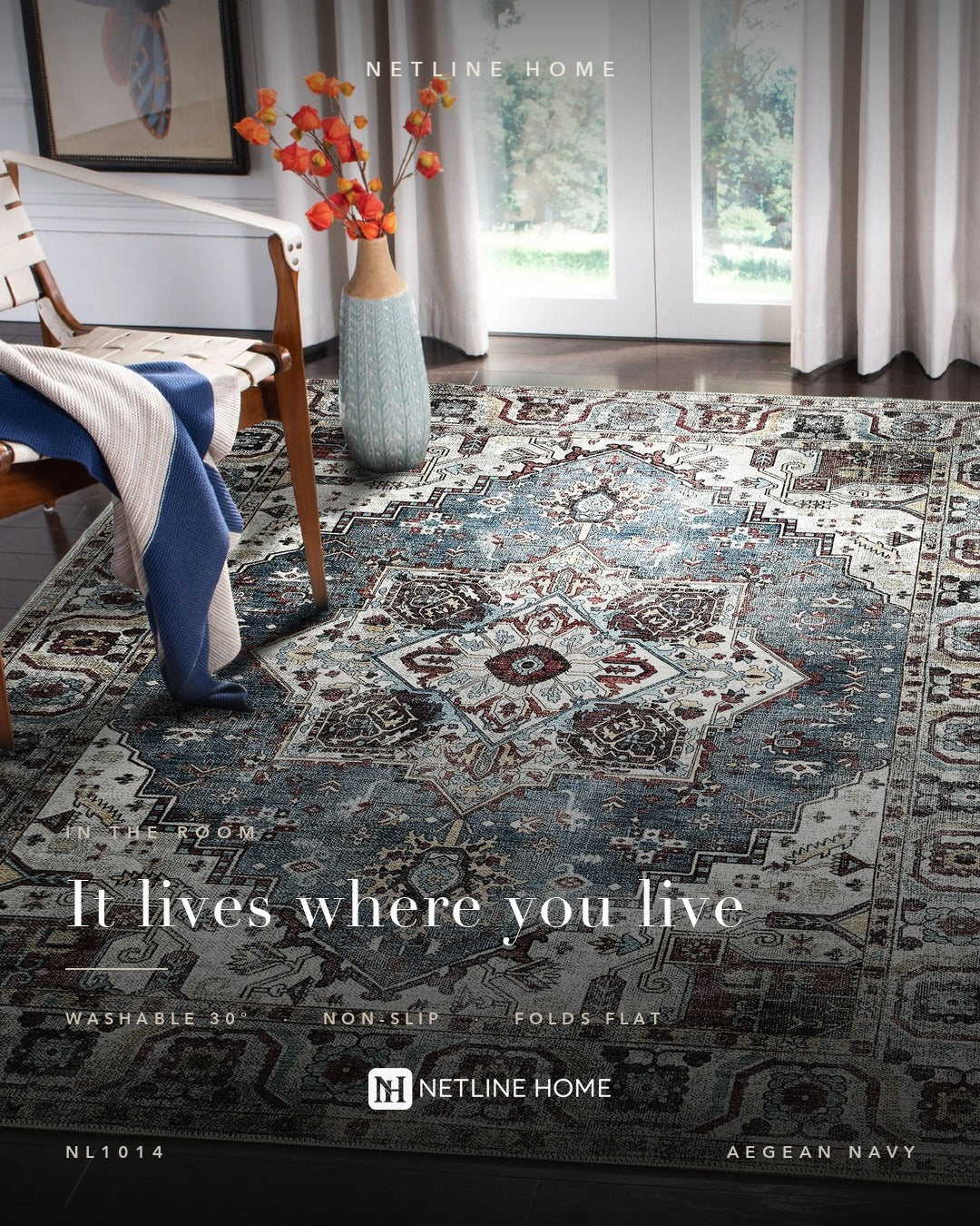 Homestead Waves Navy Blue Heritage Washable Rug — Room lifestyle (RWNL1014)