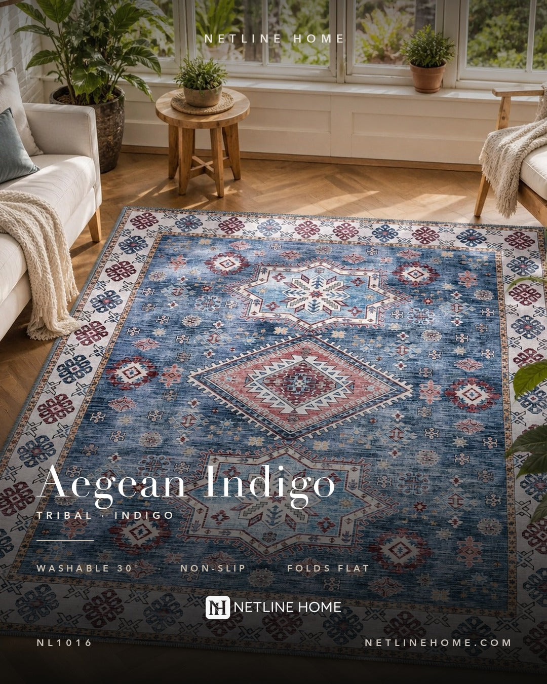 Homestead Waves Indigo Blue Heritage Washable Rug — Design overview (RWNL1016)