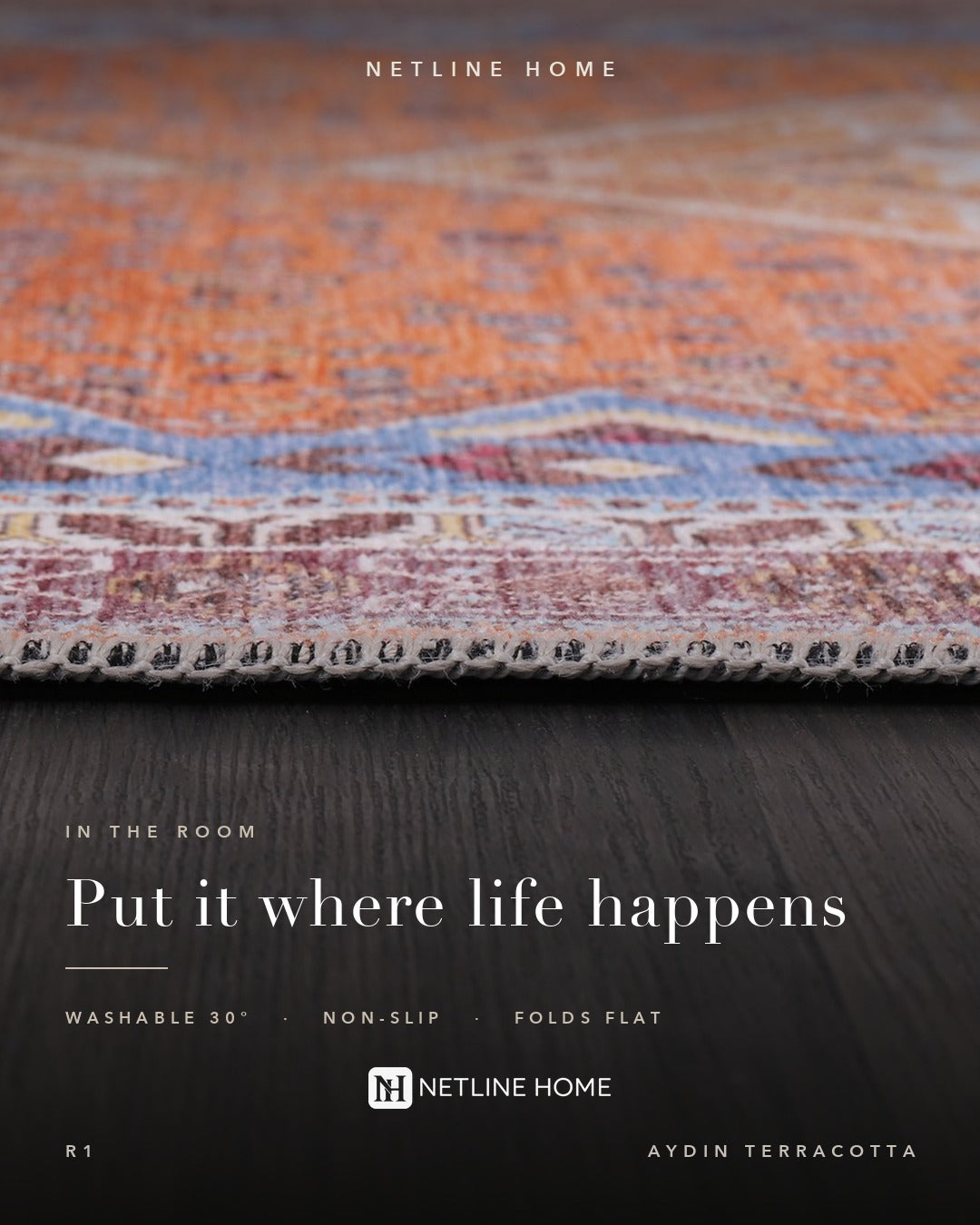 Crafted Heritage Terracotta Washable Rug — Bedroom lifestyle (RWR1)