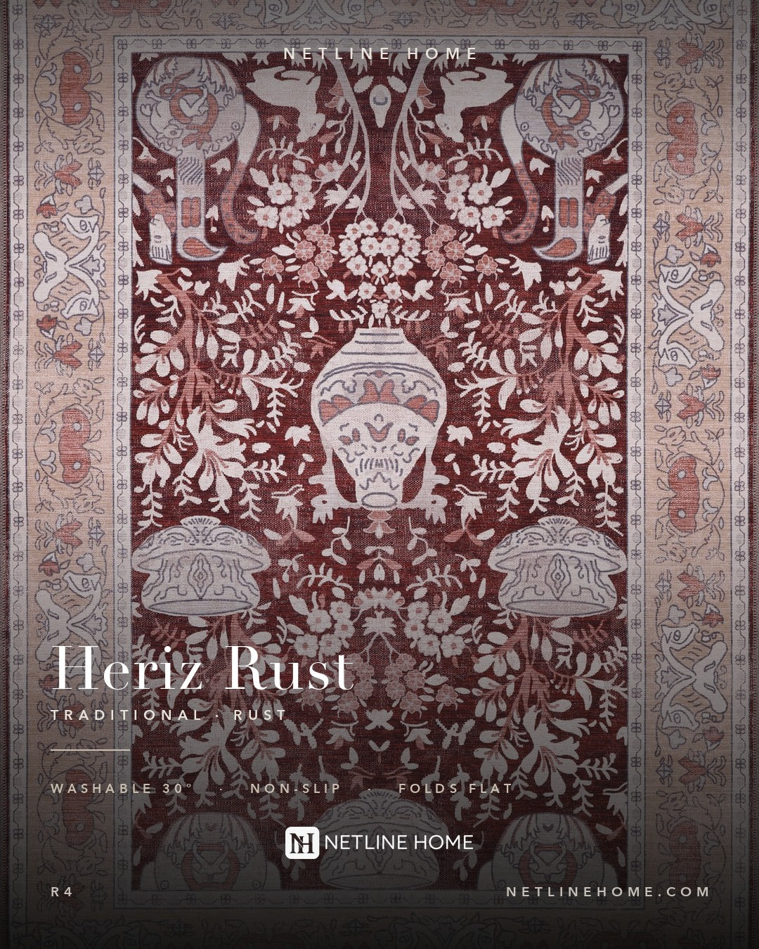 Cool Medallion Burnt Orange Traditional Washable Rug — Design overview (RWR4)