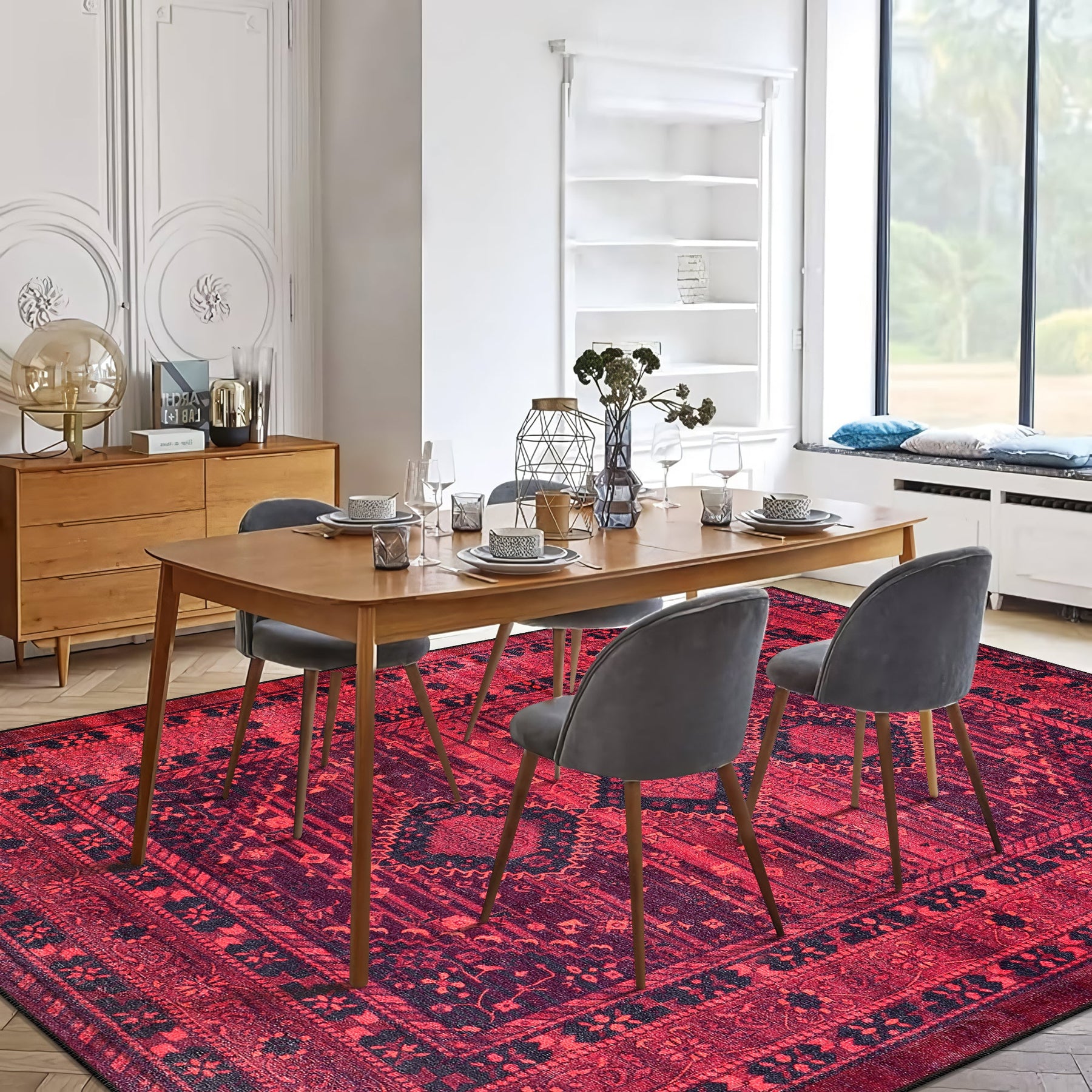 Red tribal medallion washable rug by Netline Home, featuring oriental geometric design, suitable for living room, bedroom, or office.