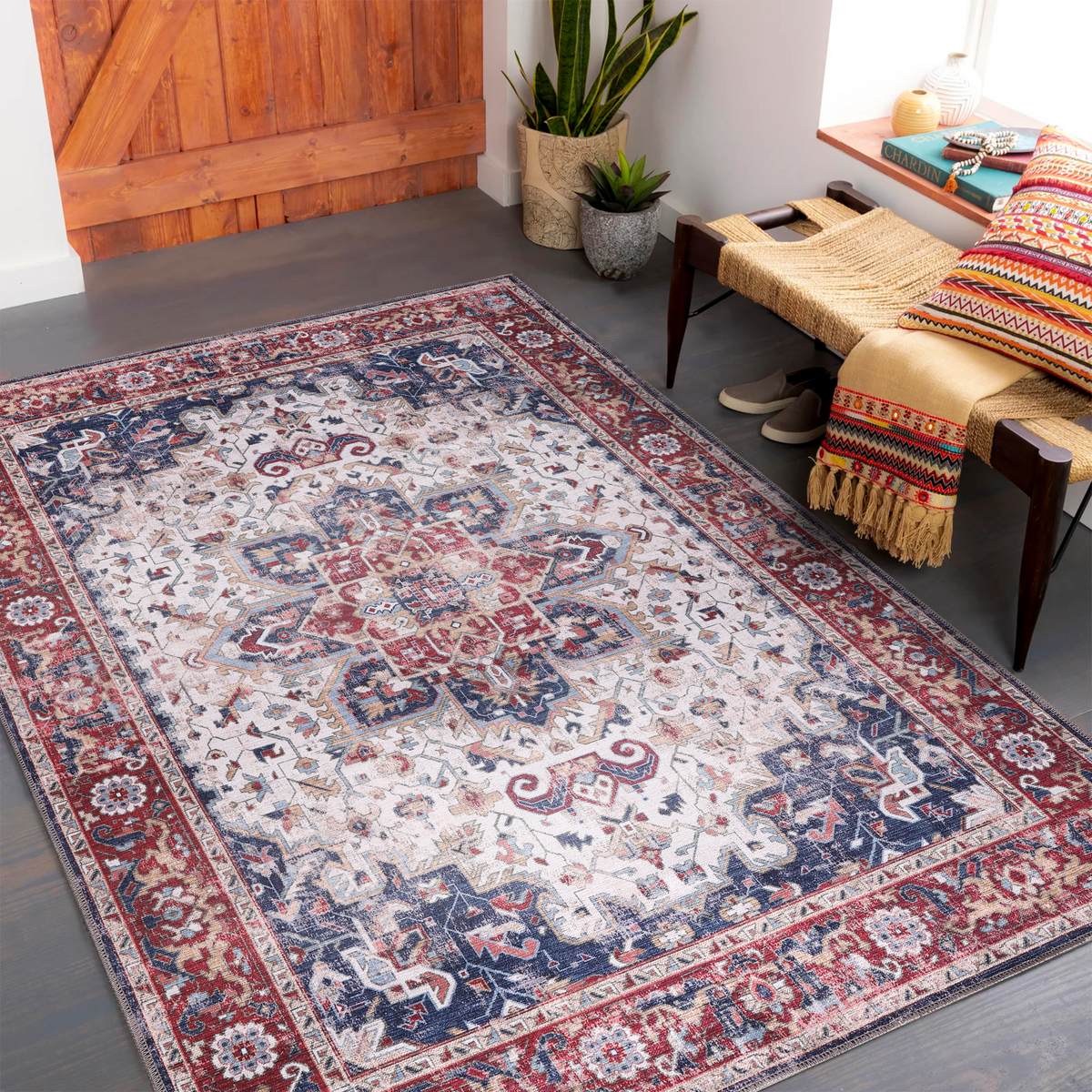 Radiant Border Deep Red Traditional Washable Rug – Netline Home guide