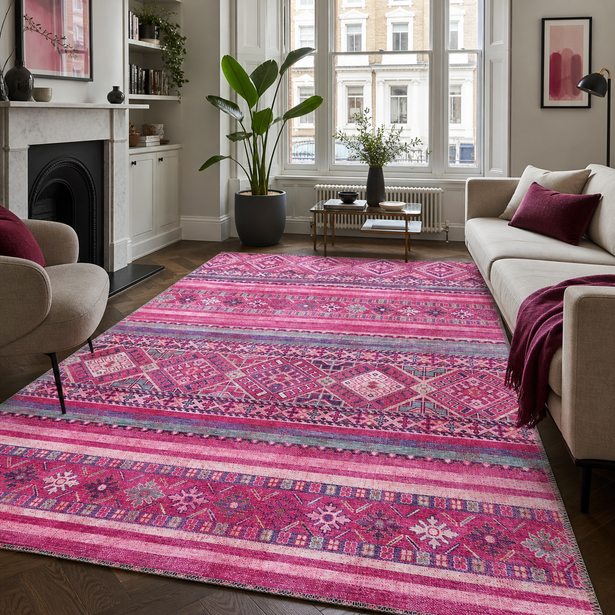 Serene Mosaic Bright Pink Bohemian Washable Rug – Netline Home guide