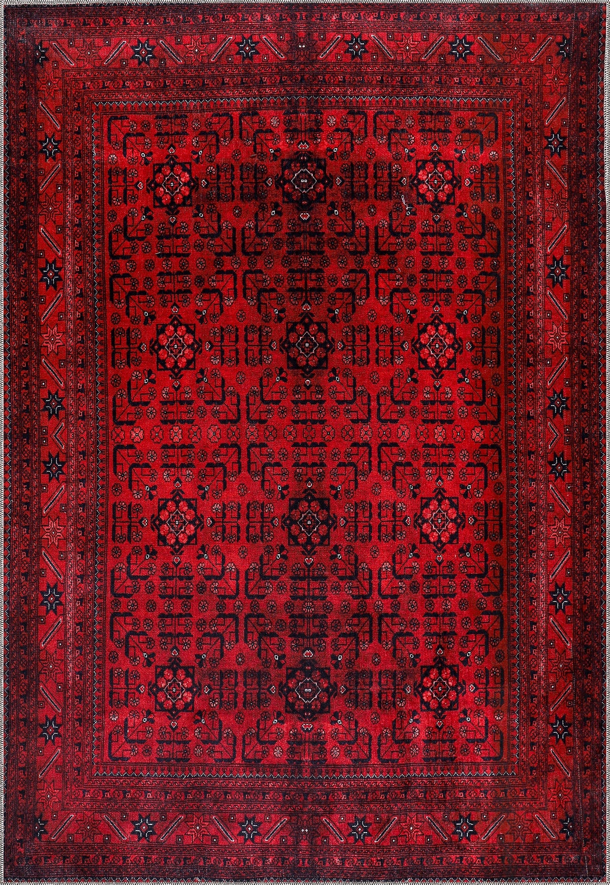 Top view of Netline Home washable red Afghan pattern area rug with traditional geometric design for living room, bedroom, or office.