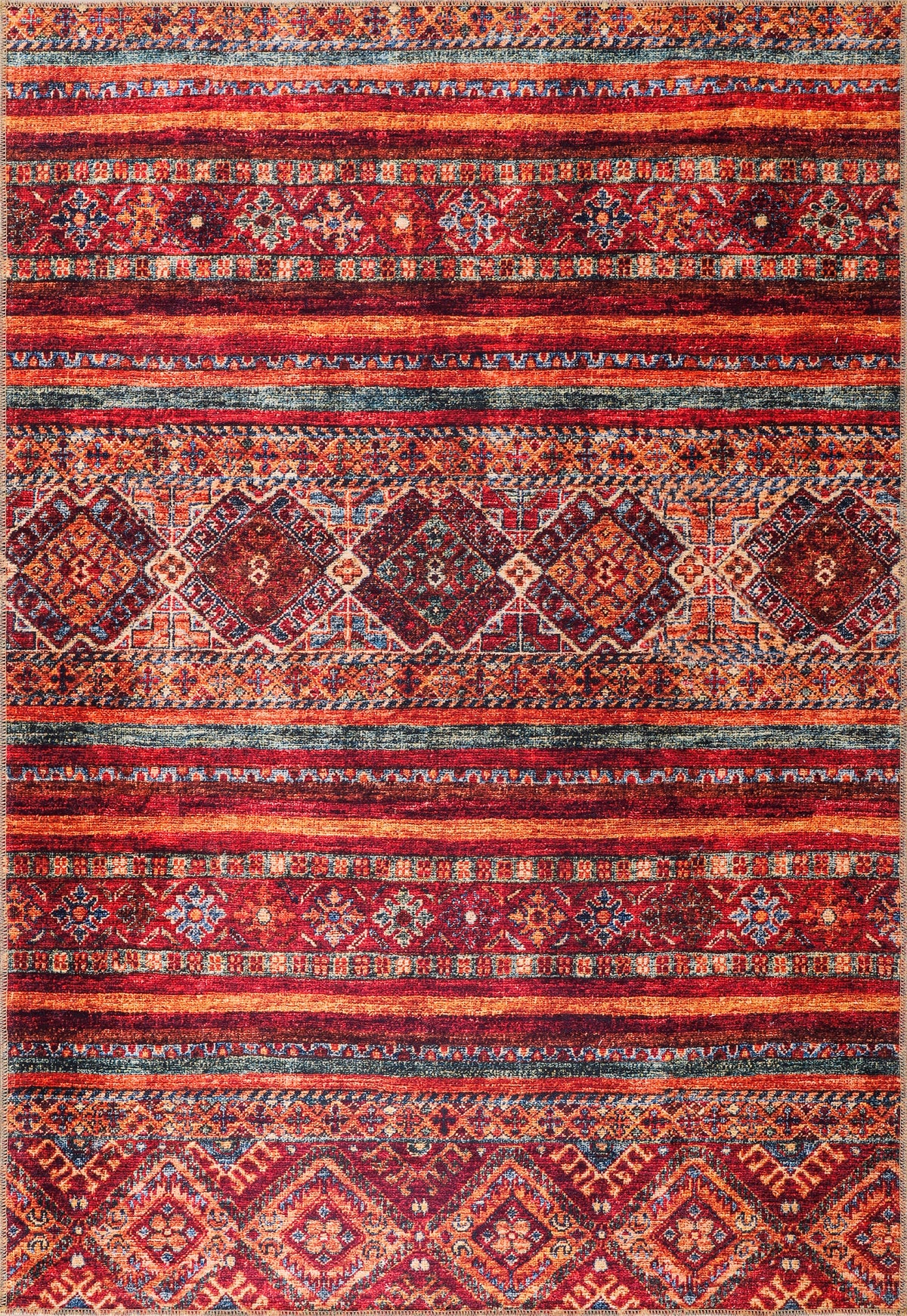 Multicolor tribal diamond washable rug by Netline Home, kilim-inspired striped carpet for living room, bedroom, or dining area.